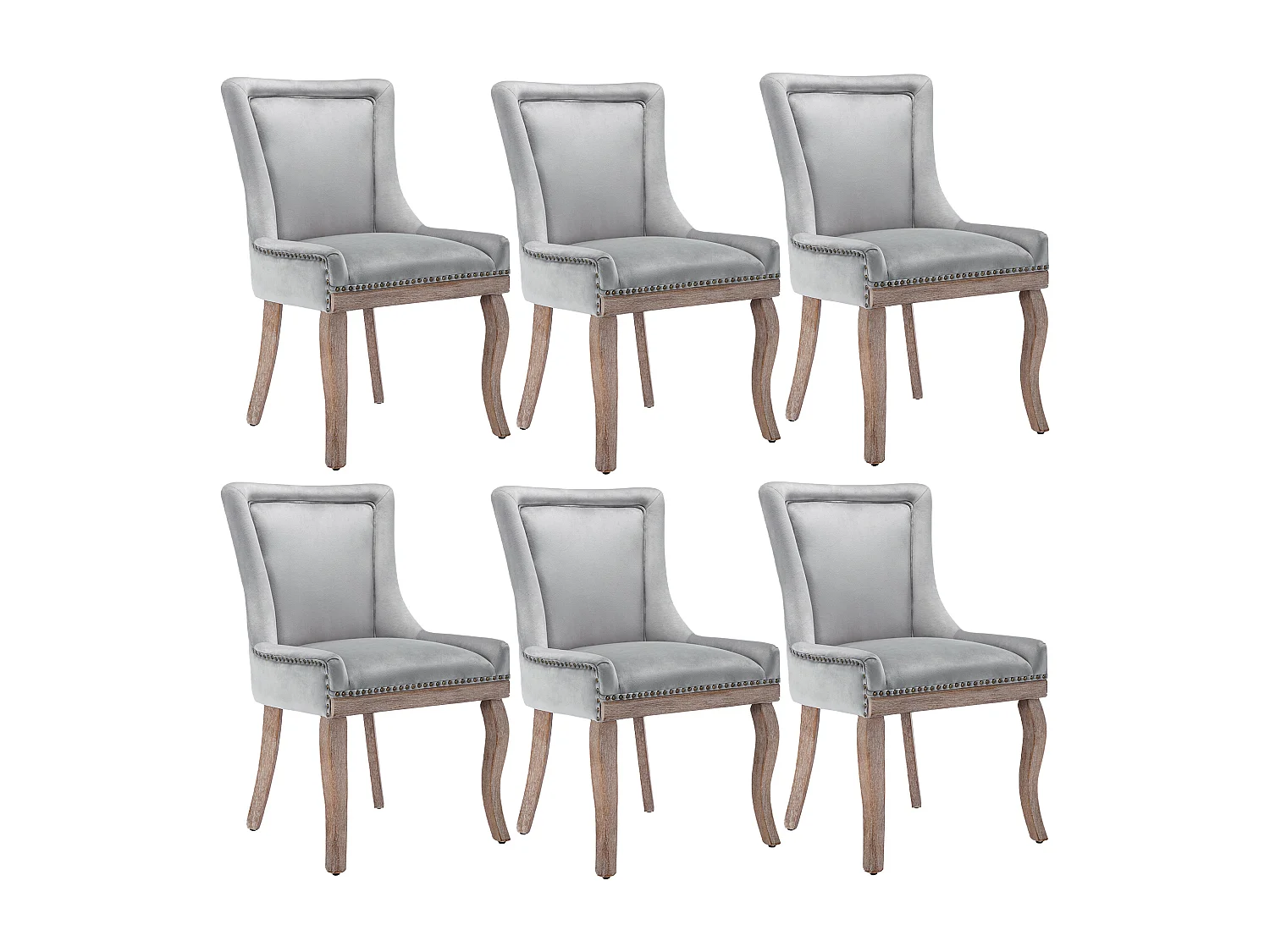 Lussuosa sedia da pranzo, poltrona con chiodi decorativi e struttura in legno massello, rivestimento in velluto, grigio (55x61x91 cm)