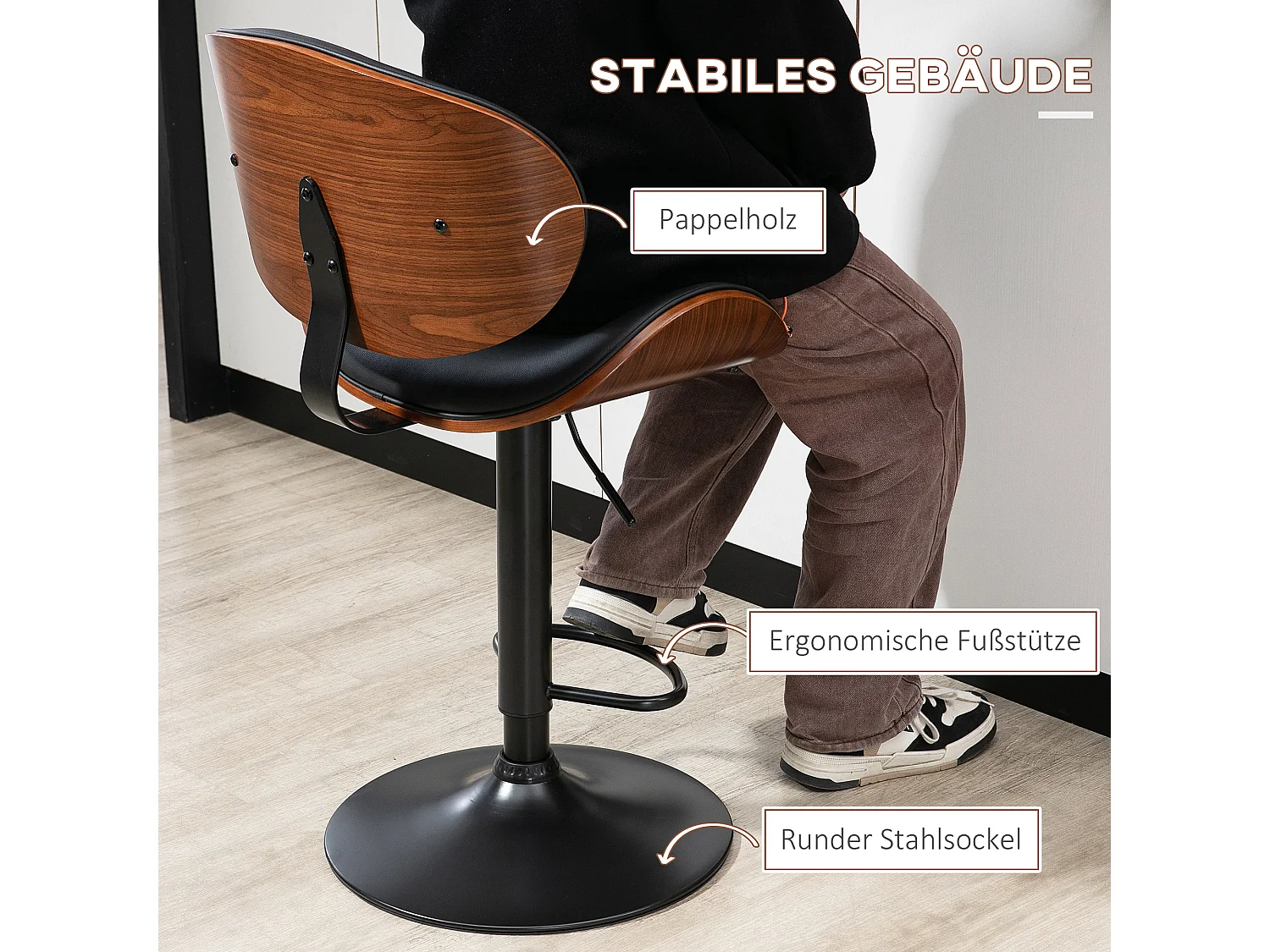 Sgabello da bar, regolabile in altezza, con schienale, similpelle, nero, gambe in metallo (53x52x92-112 cm)