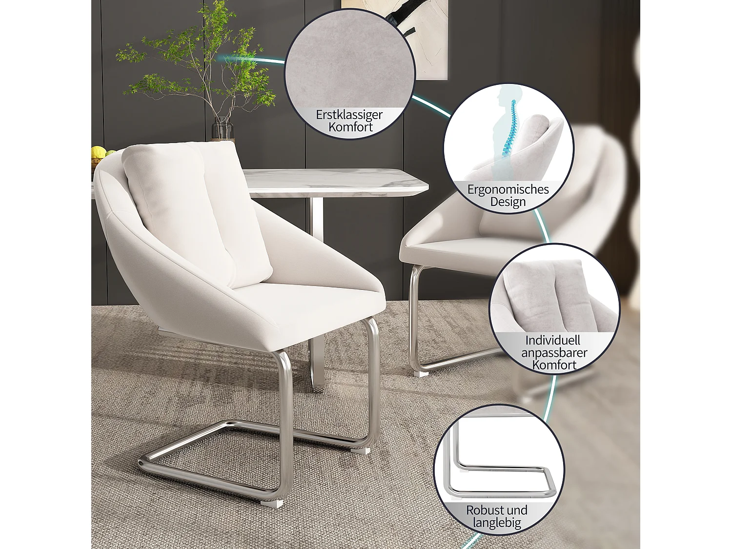 Chaise Rotative en Velours Beige, Design Moderne et Confortable, Matériau en Velours, Structure Métallique (72.39x62.23x49.53 cm) - 2 Chaises