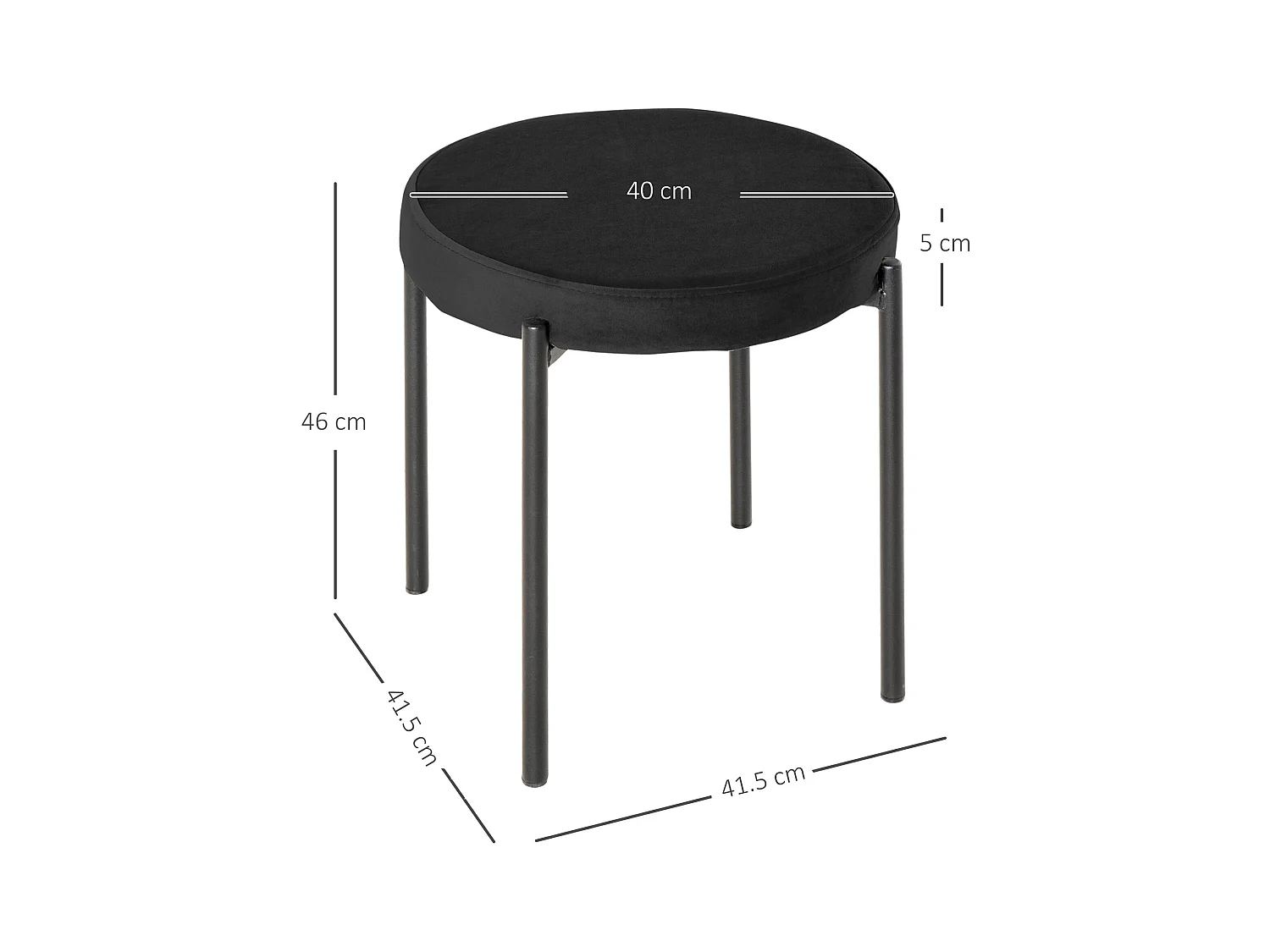 Set de 4 tabourets de cuisine empilables, assise en velours, métal noir (41.5x41.5x46 cm)
