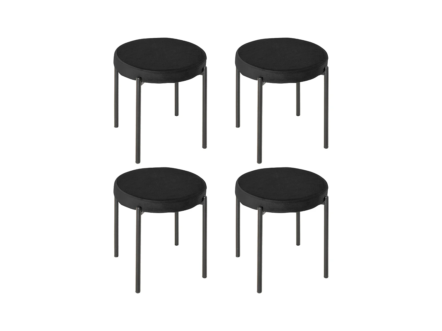 Set de 4 tabourets de cuisine empilables, assise en velours, métal noir (41.5x41.5x46 cm)