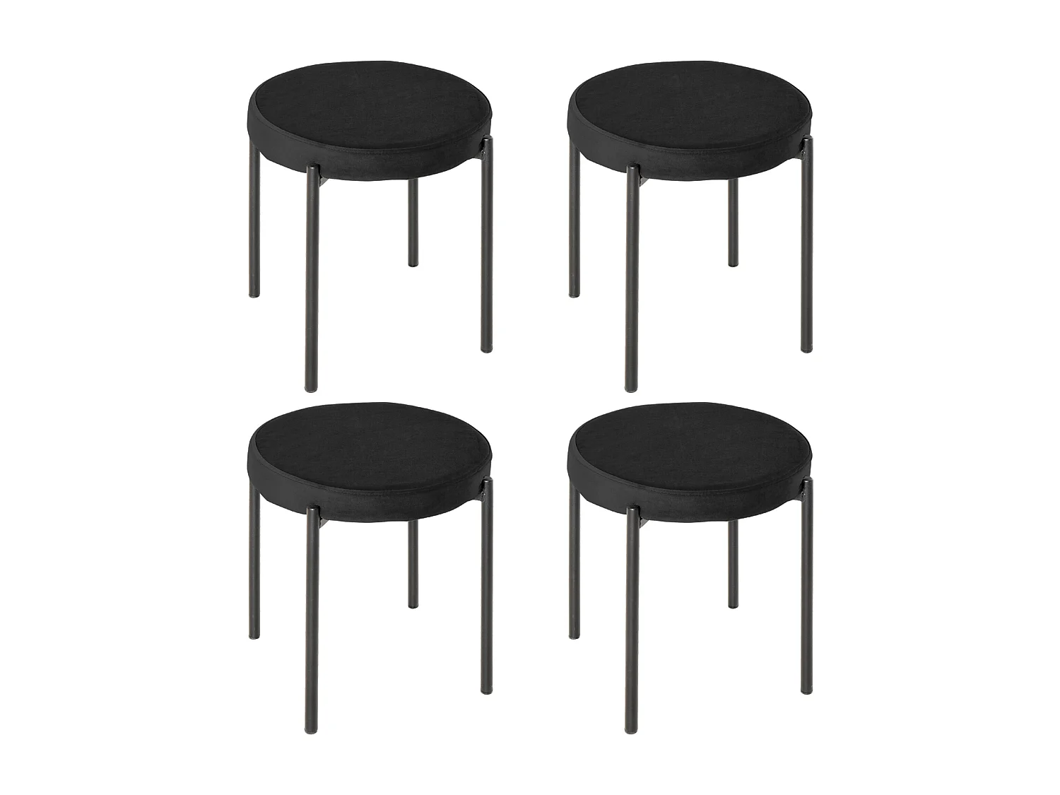 Set de 4 tabourets de cuisine empilables, assise en velours, métal noir (41.5x41.5x46 cm)
