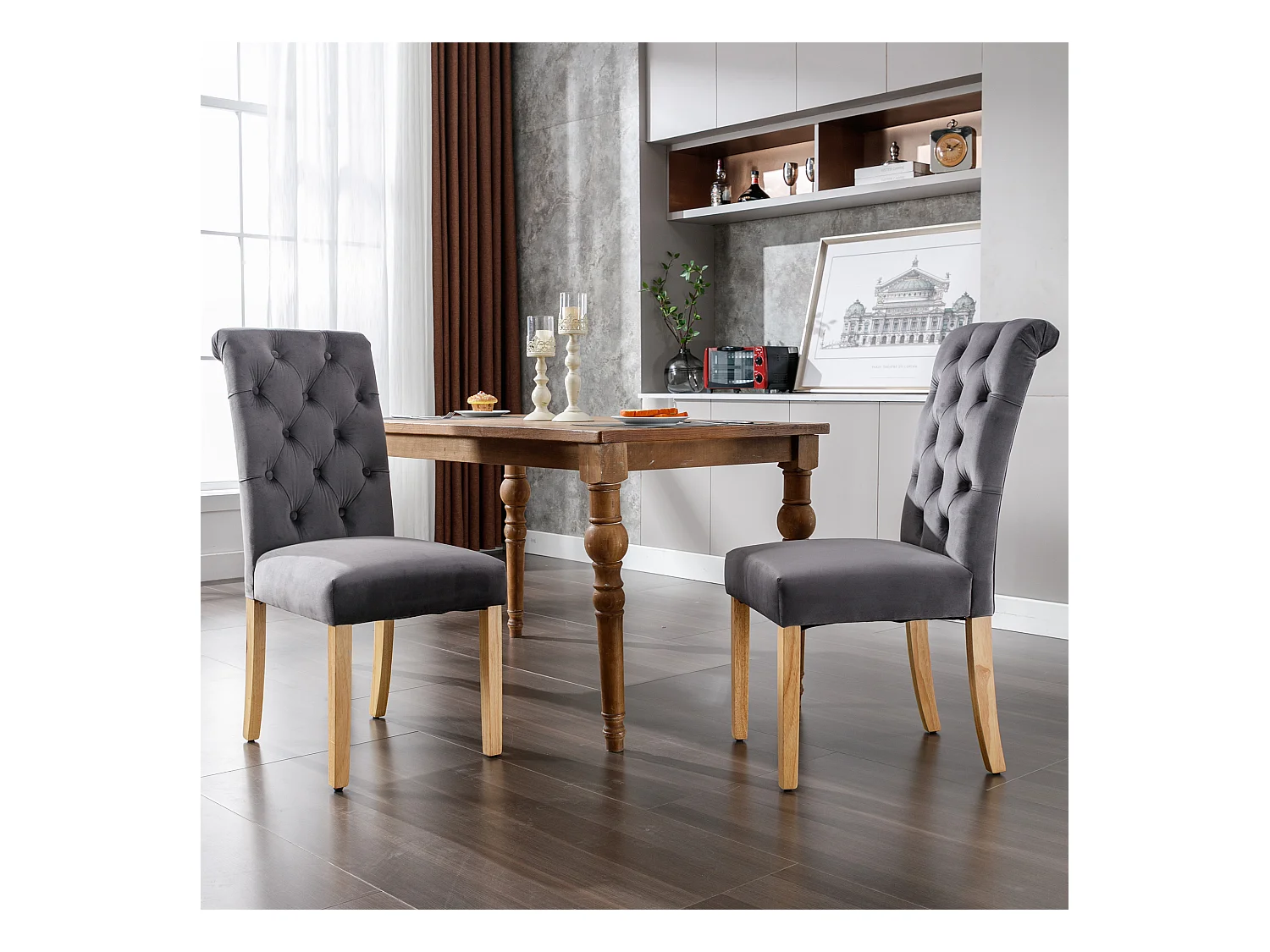 Eetkamerstoelen van fluweel, eikenhouten poten, chromen knopen en bel, 6 stuks, grijs (54x50x94 cm)