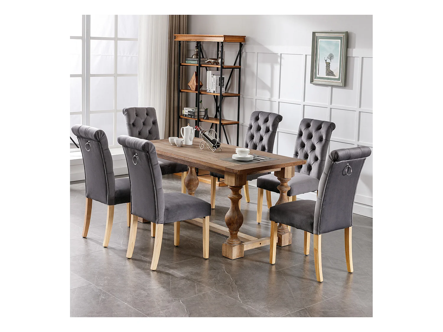 Chaises de salle à manger en velours, pieds en chêne, bouton et cloche chromée, 6 pièces, gris (54x50x94 cm)