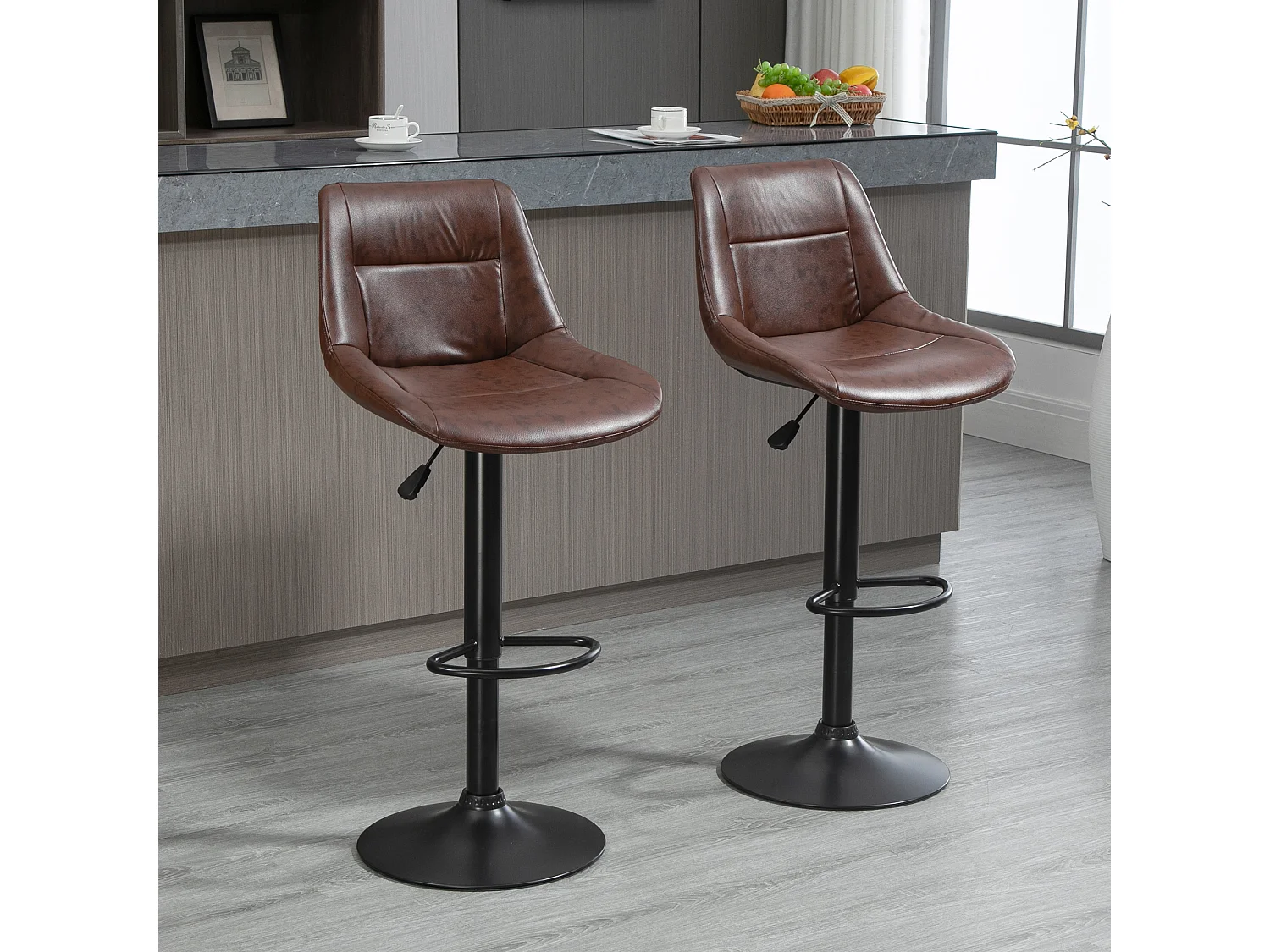Tabourets de bar réglables 2 pcs, dossier, pivotants, acier et simili cuir, marron (46.5x50x88-108cm)