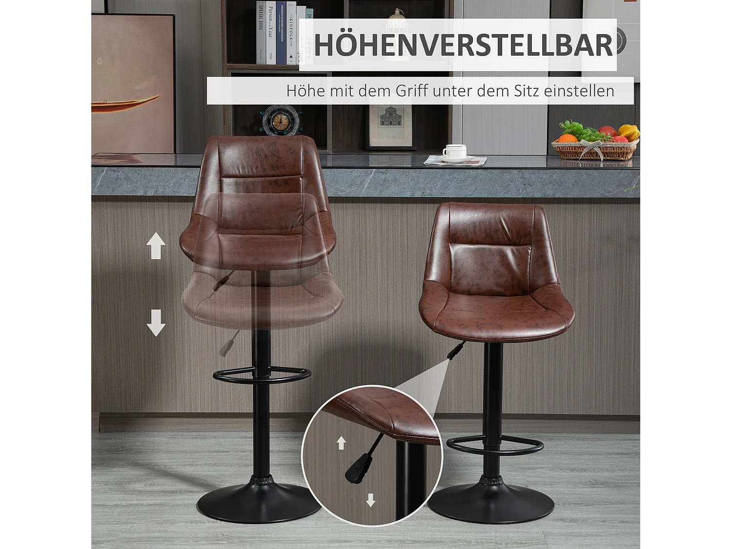 Tabourets de bar réglables 2 pcs, dossier, pivotants, acier et simili cuir, marron (46.5x50x88-108cm)