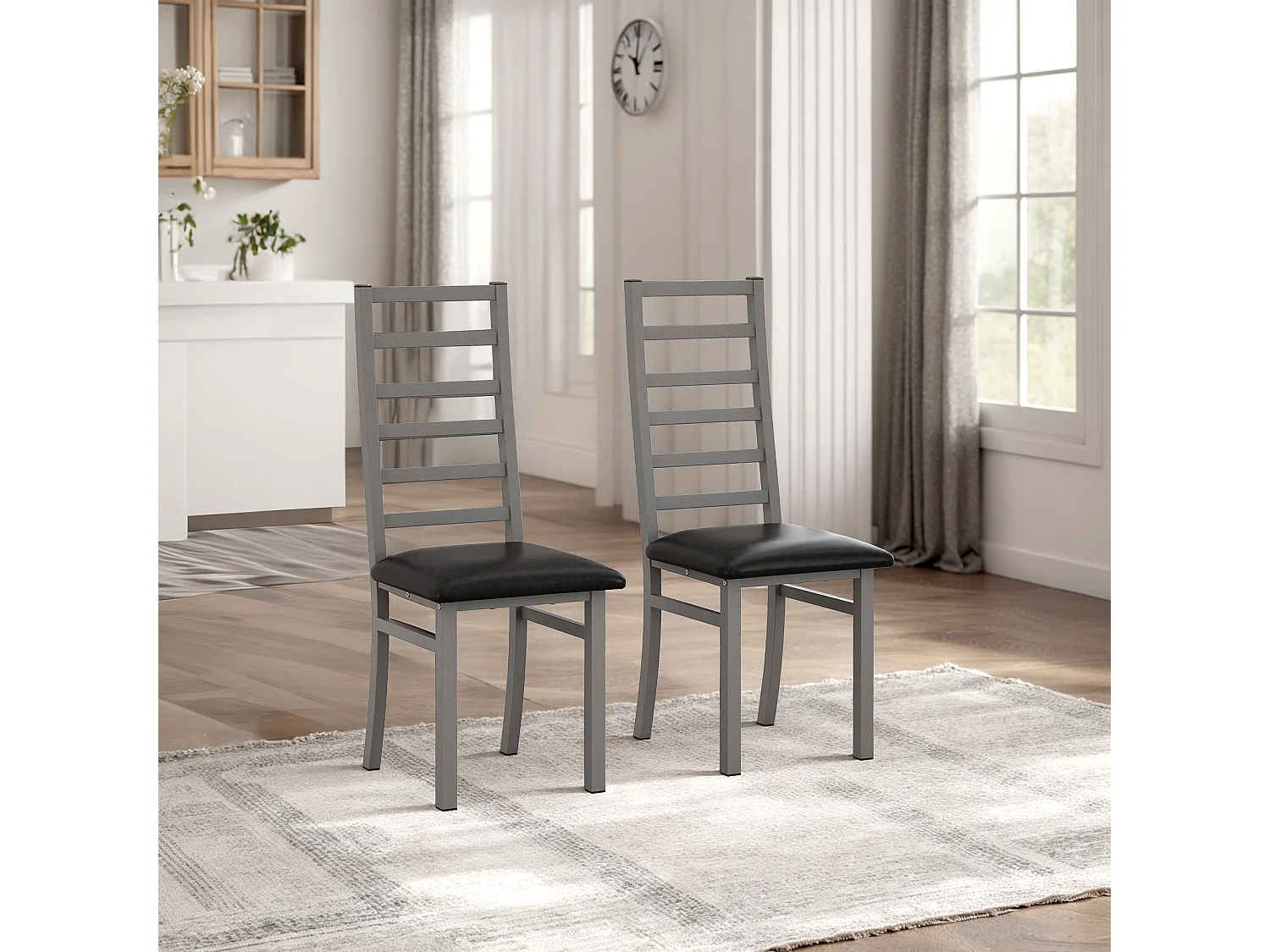 Chaises de salle à manger métal, design épuré, PU simili cuir, pieds en acier, gris (40x47x107 cm)