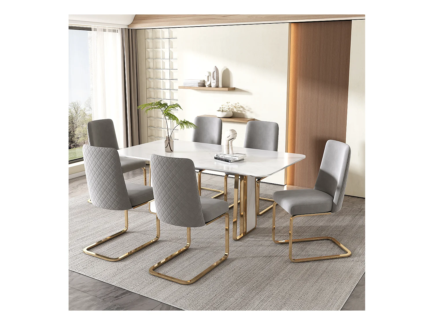 Chaise de salle à manger en velours, 6 pièces, design luxe, dos en diamant, pieds métalliques dorés, gris (47x47x90 cm)