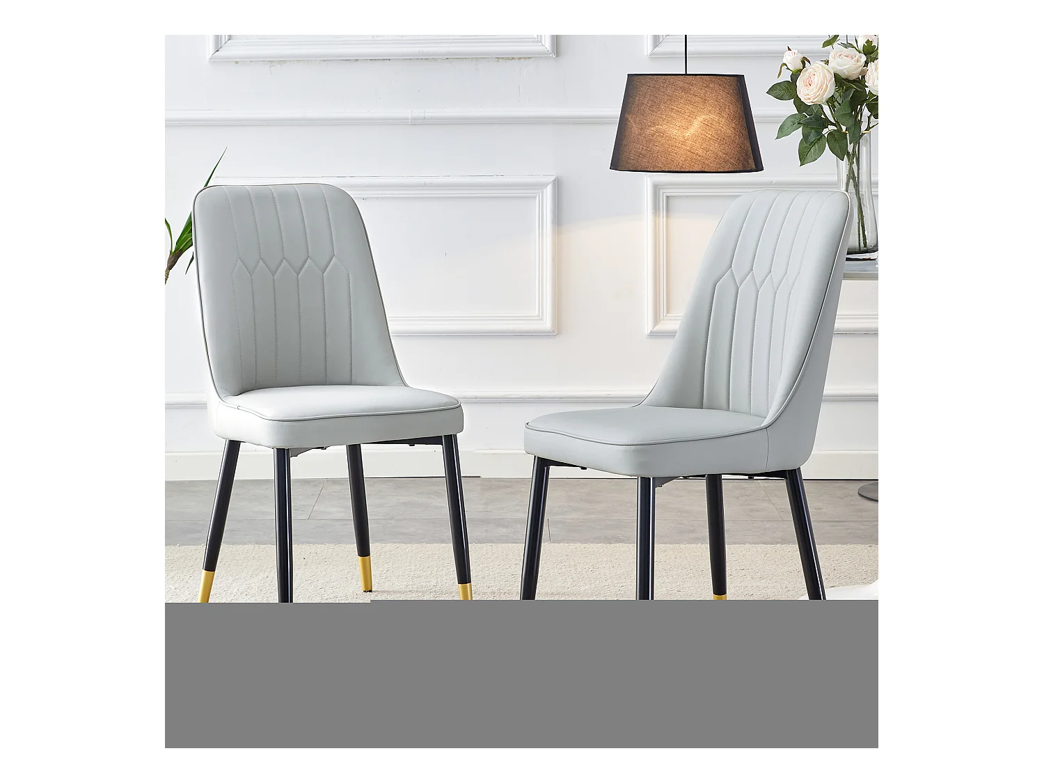 Chaise de salle à manger moderne, PU gris clair, pieds métalliques noirs (55x43x89 cm)