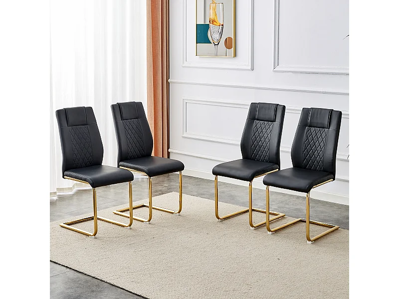 Chaise de salle à manger nordique en PU noir, avec design à coutures en diamant et pieds métalliques dorés (40.6x48.2x96.5 cm)