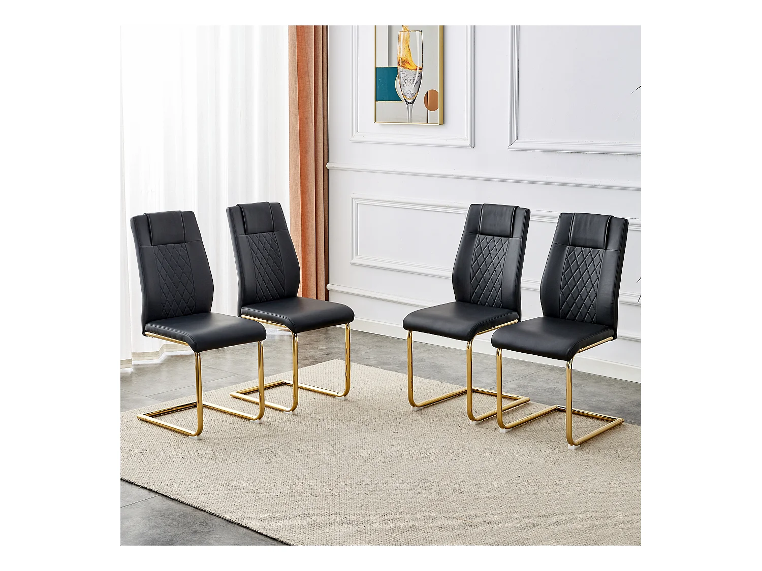 Chaise de salle à manger nordique en PU noir, avec design à coutures en diamant et pieds métalliques dorés (40.6x48.2x96.5 cm)