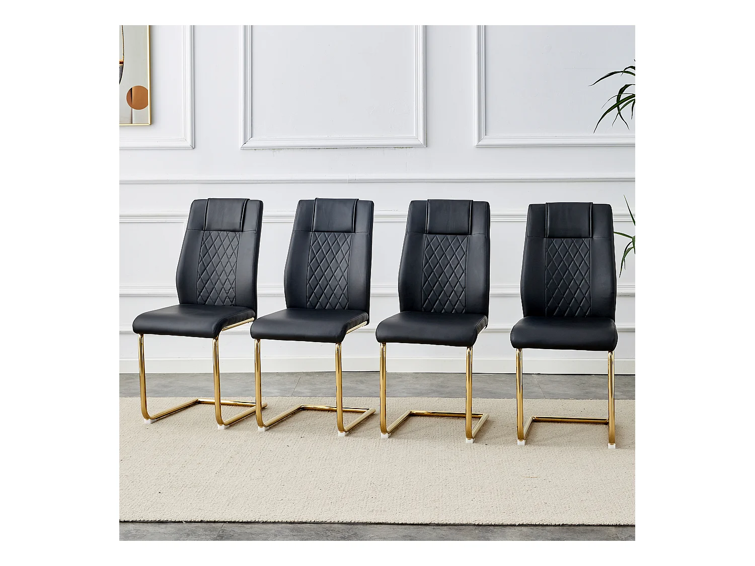 Chaise de salle à manger nordique en PU noir, avec design à coutures en diamant et pieds métalliques dorés (40.6x48.2x96.5 cm)