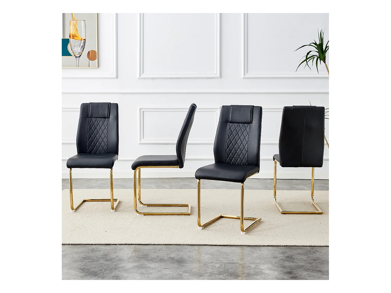 Chaise de salle à manger nordique en PU noir, avec design à coutures en diamant et pieds métalliques dorés (40.6x48.2x96.5 cm)