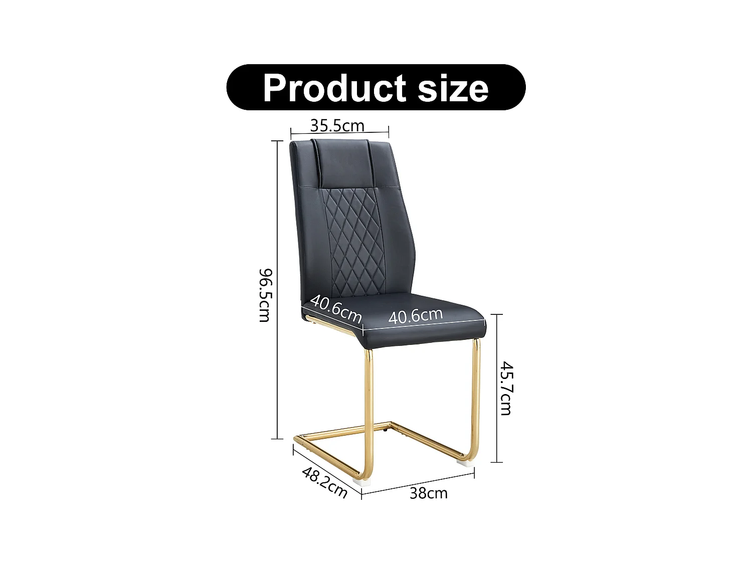 Chaise de salle à manger nordique en PU noir, avec design à coutures en diamant et pieds métalliques dorés (40.6x48.2x96.5 cm)