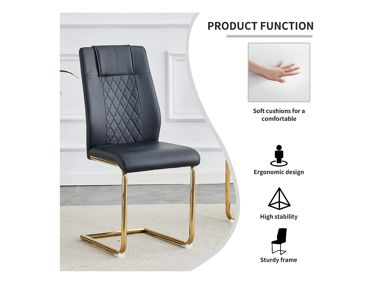 Chaise de salle à manger nordique en PU noir, avec design à coutures en diamant et pieds métalliques dorés (40.6x48.2x96.5 cm)