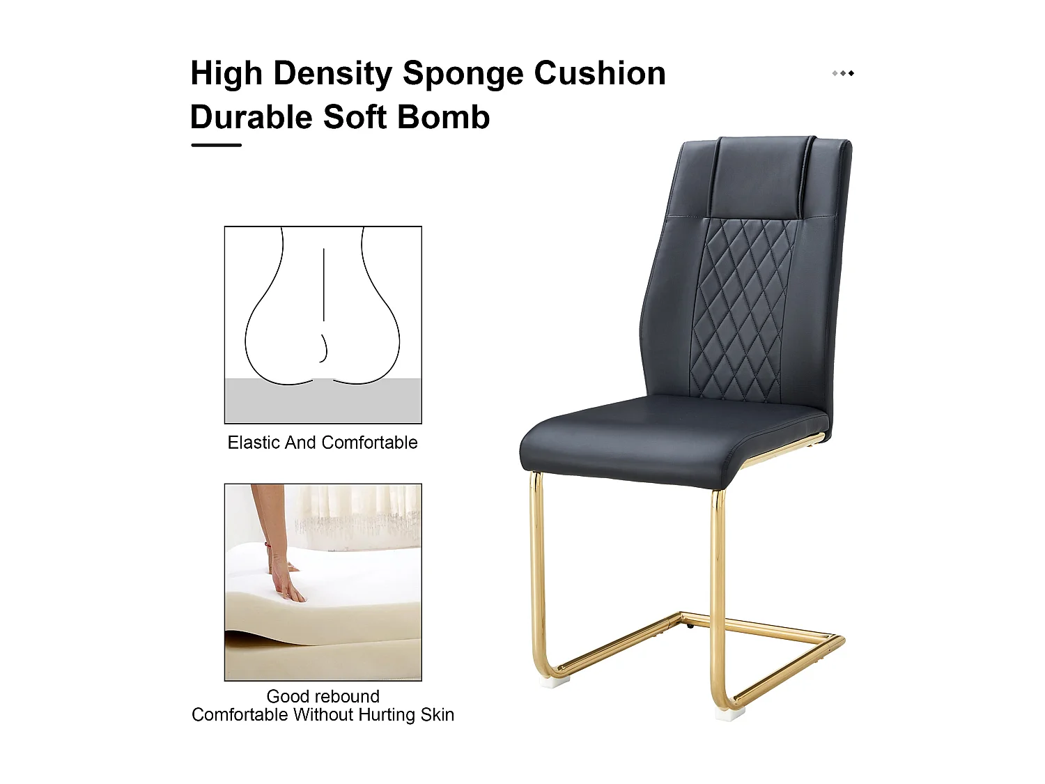 Chaise de salle à manger nordique en PU noir, avec design à coutures en diamant et pieds métalliques dorés (40.6x48.2x96.5 cm)