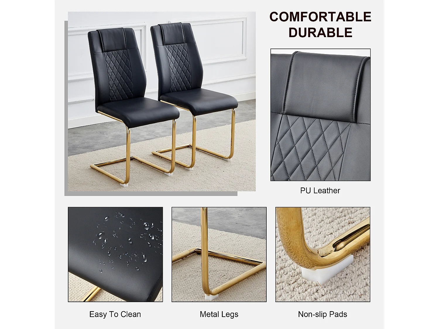 Chaise de salle à manger nordique en PU noir, avec design à coutures en diamant et pieds métalliques dorés (40.6x48.2x96.5 cm)