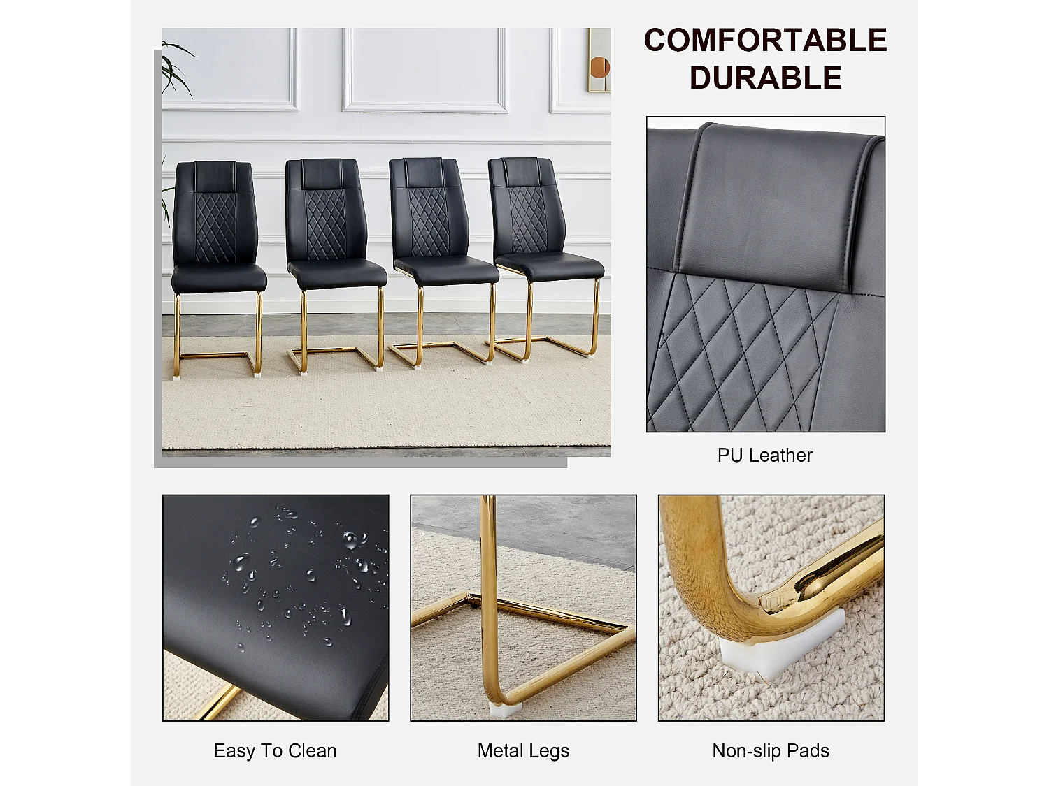 Chaise de salle à manger nordique en PU noir, avec design à coutures en diamant et pieds métalliques dorés (40.6x48.2x96.5 cm)