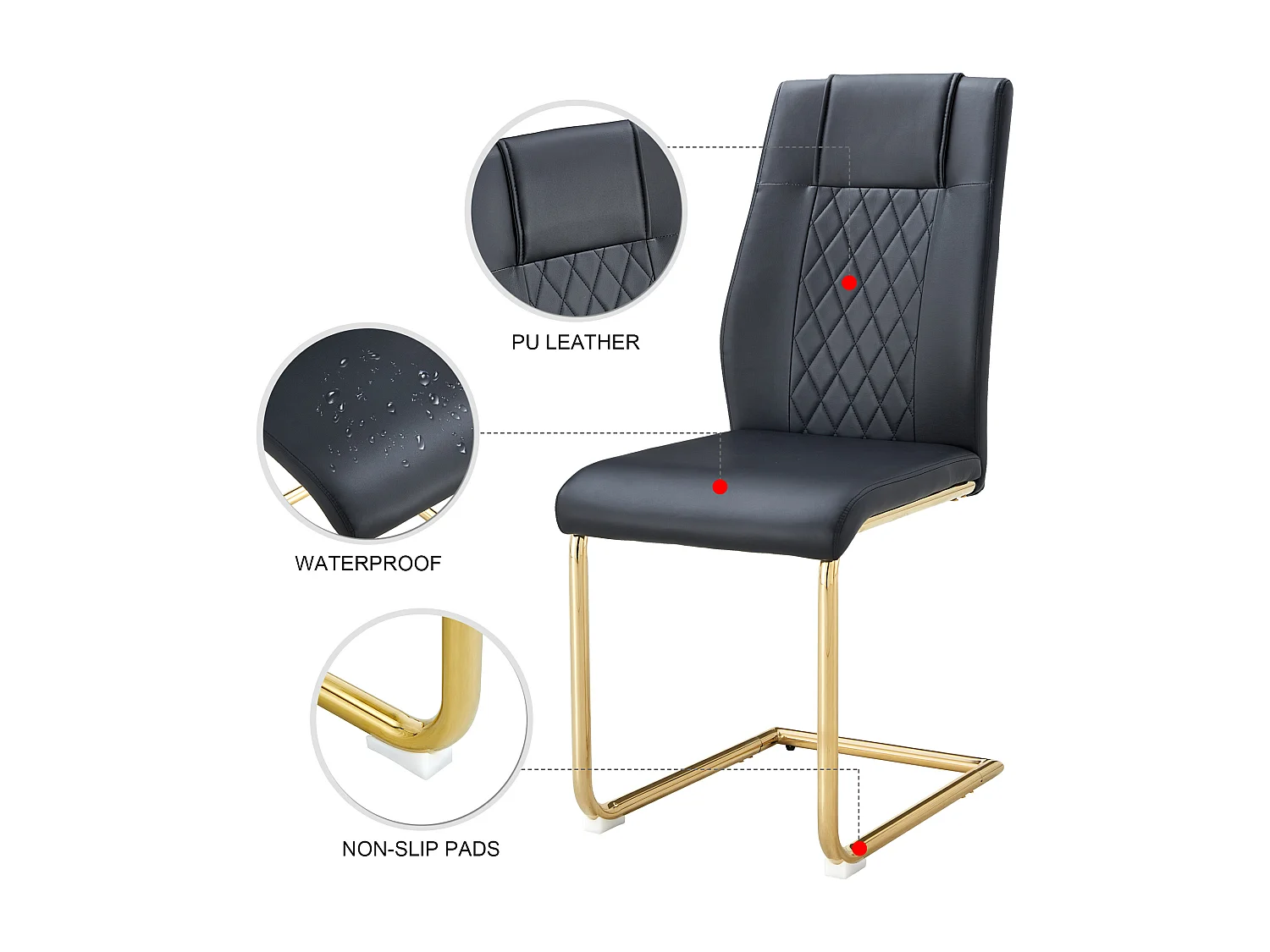 Chaise de salle à manger nordique en PU noir, avec design à coutures en diamant et pieds métalliques dorés (40.6x48.2x96.5 cm)