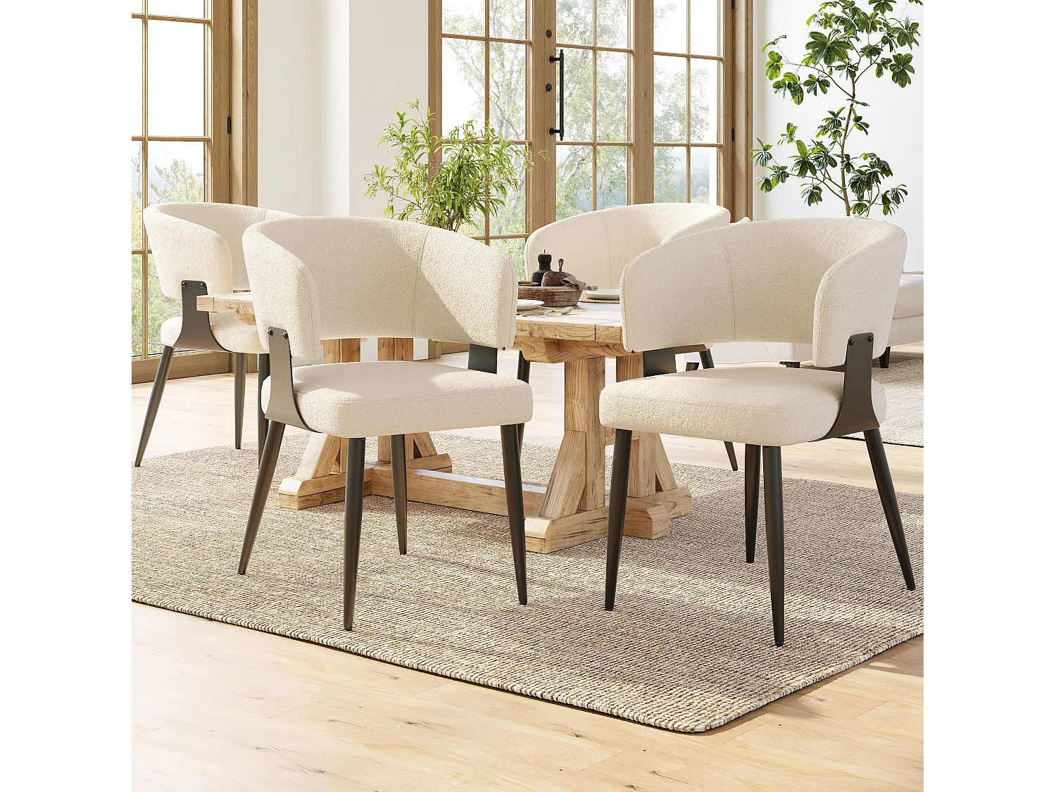 Wollen eetkamerstoel (4 stuks), ergonomische make-up stoel met gebogen rugleuning, in beige/grijs (59x46,5x81,5 cm)