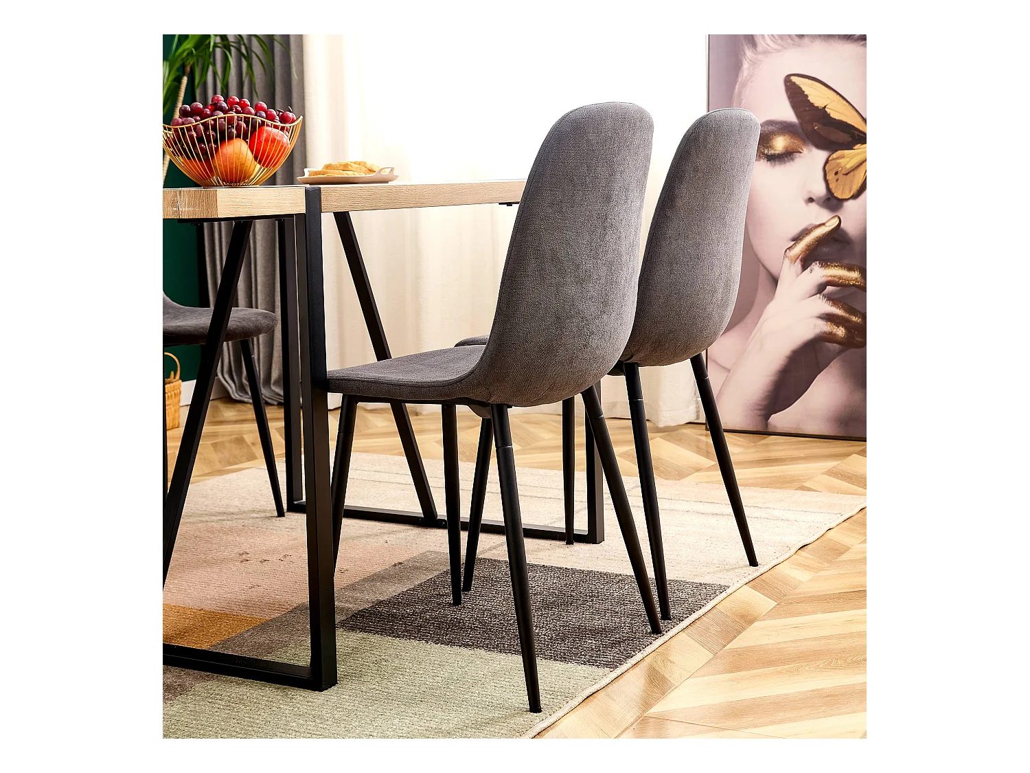 Set van 4 Scandinavische eetkamerstoelen, vintage design in imitatiesuède met zwarte metalen poten, grijs (43x40x87,5 cm)