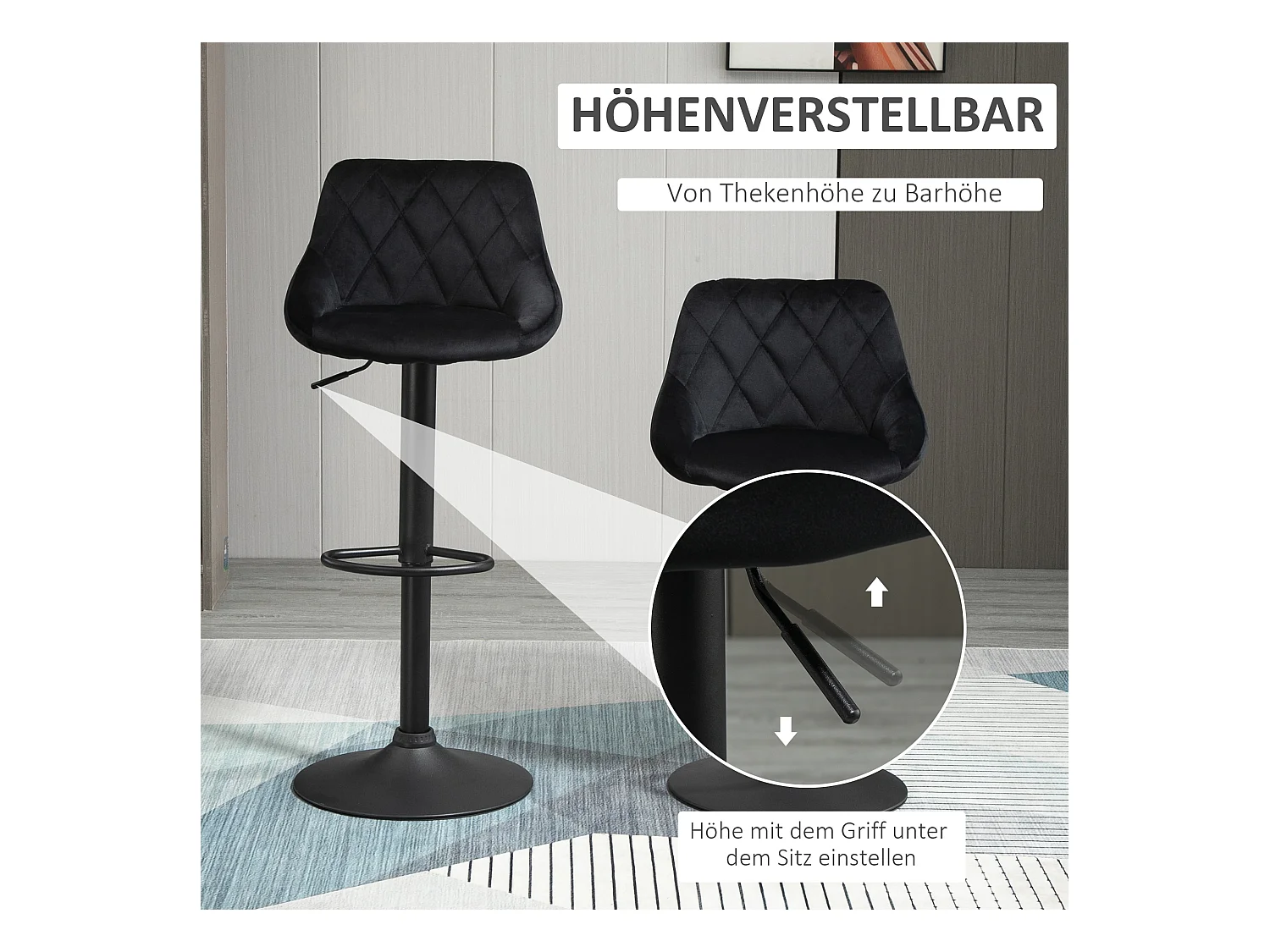 Tabouret de bar réglable, avec dossier et repose-pieds, velours et métal, noir (46x48x83-104 cm)