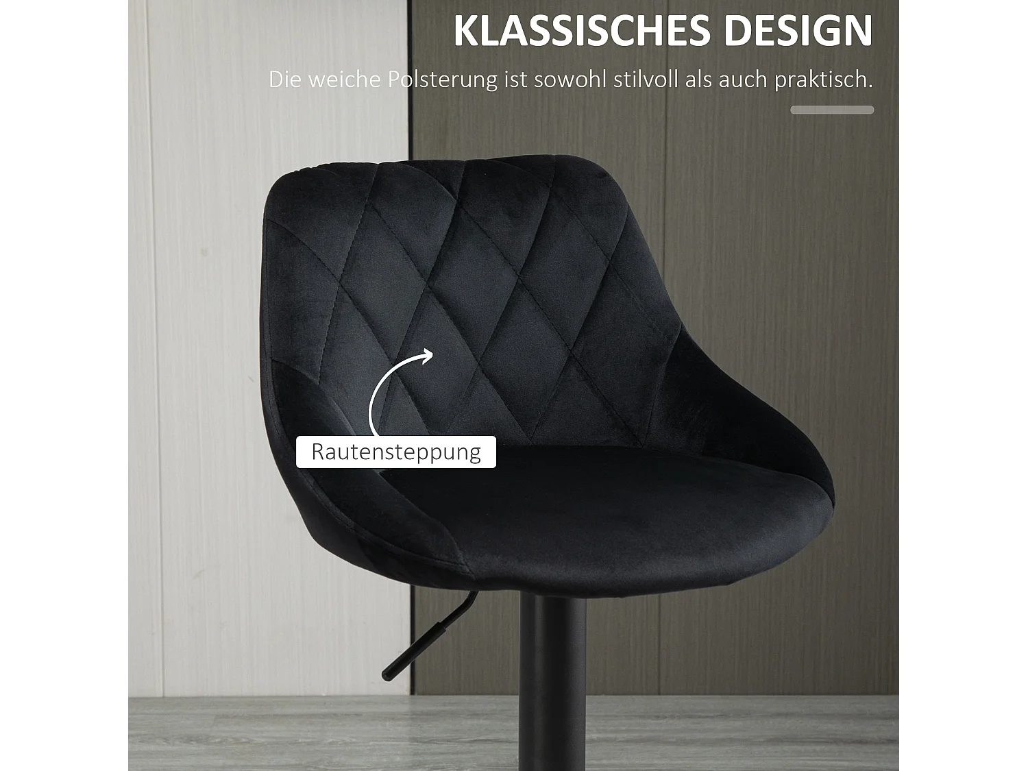 Tabouret de bar réglable, avec dossier et repose-pieds, velours et métal, noir (46x48x83-104 cm)