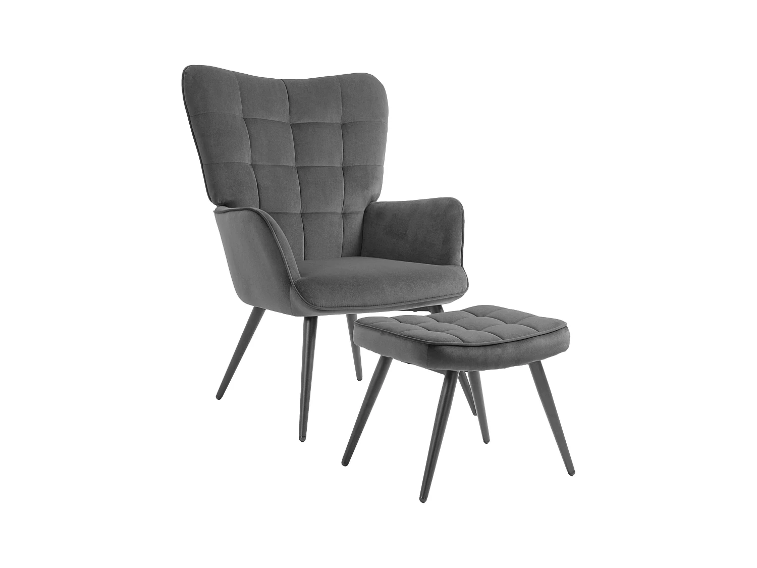 Fauteuil à oreilles avec repose-pieds, design moderne, tissu velours, gris (73x77.5x98 cm)