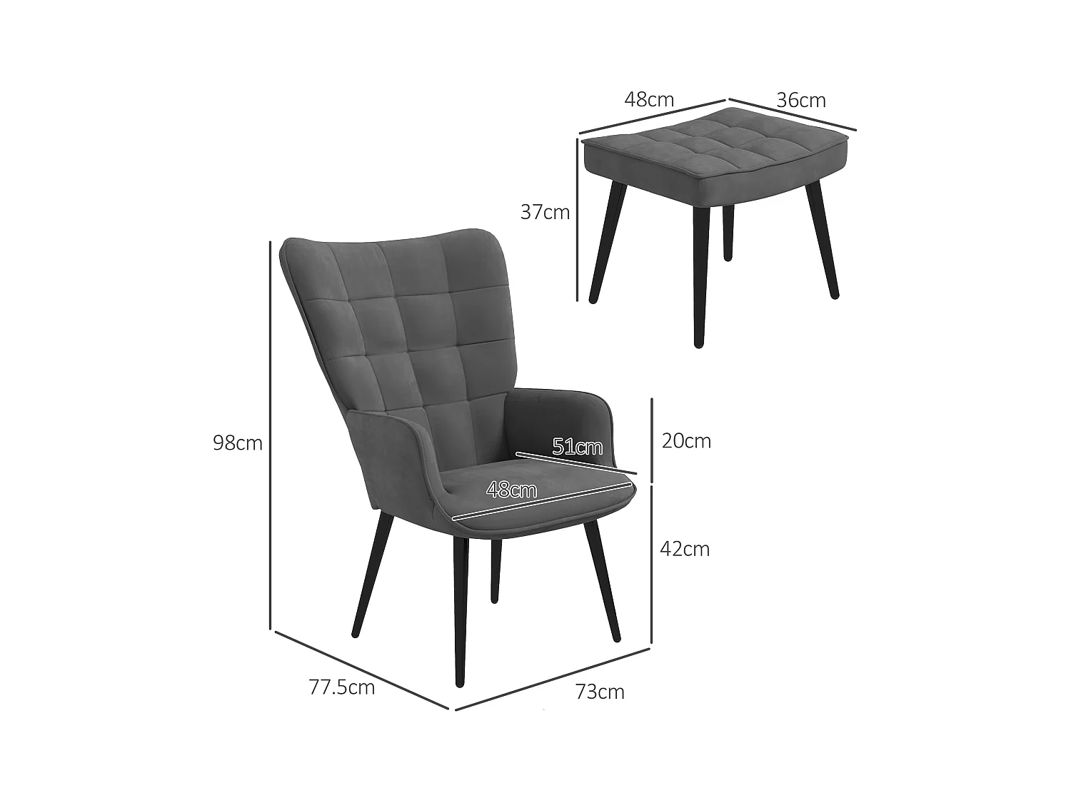 Fauteuil à oreilles avec repose-pieds, design moderne, tissu velours, gris (73x77.5x98 cm)