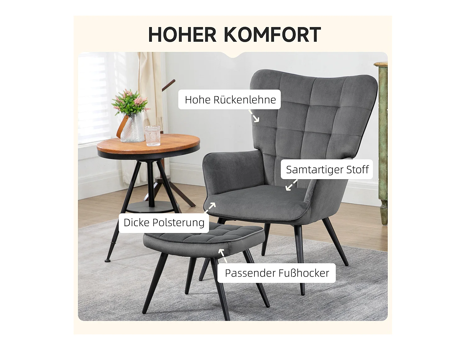 Fauteuil à oreilles avec repose-pieds, design moderne, tissu velours, gris (73x77.5x98 cm)