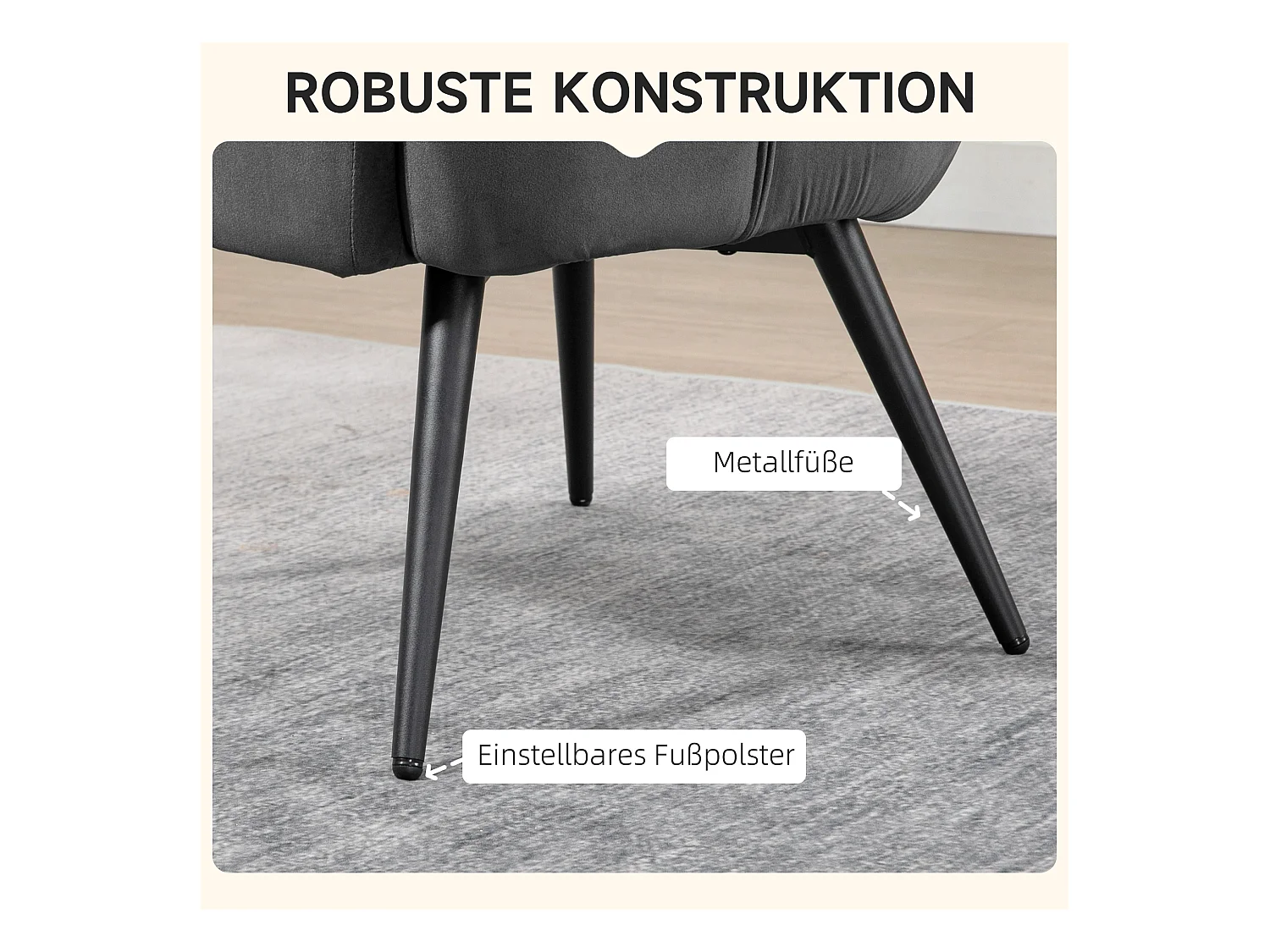 Fauteuil à oreilles avec repose-pieds, design moderne, tissu velours, gris (73x77.5x98 cm)