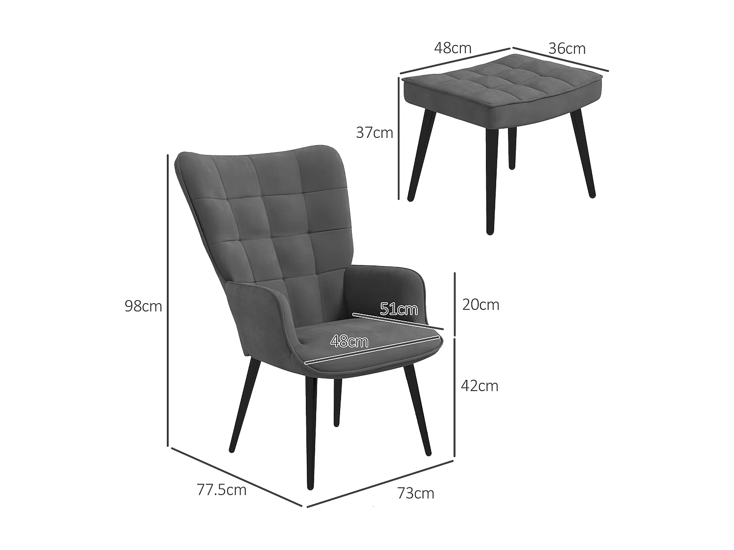 Fauteuil à oreilles avec repose-pieds, design moderne, tissu velours, gris (73x77.5x98 cm)
