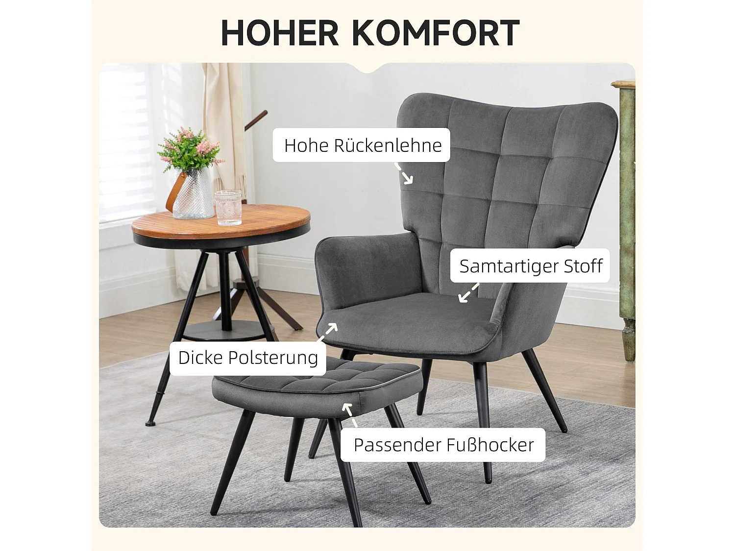 Fauteuil à oreilles avec repose-pieds, design moderne, tissu velours, gris (73x77.5x98 cm)