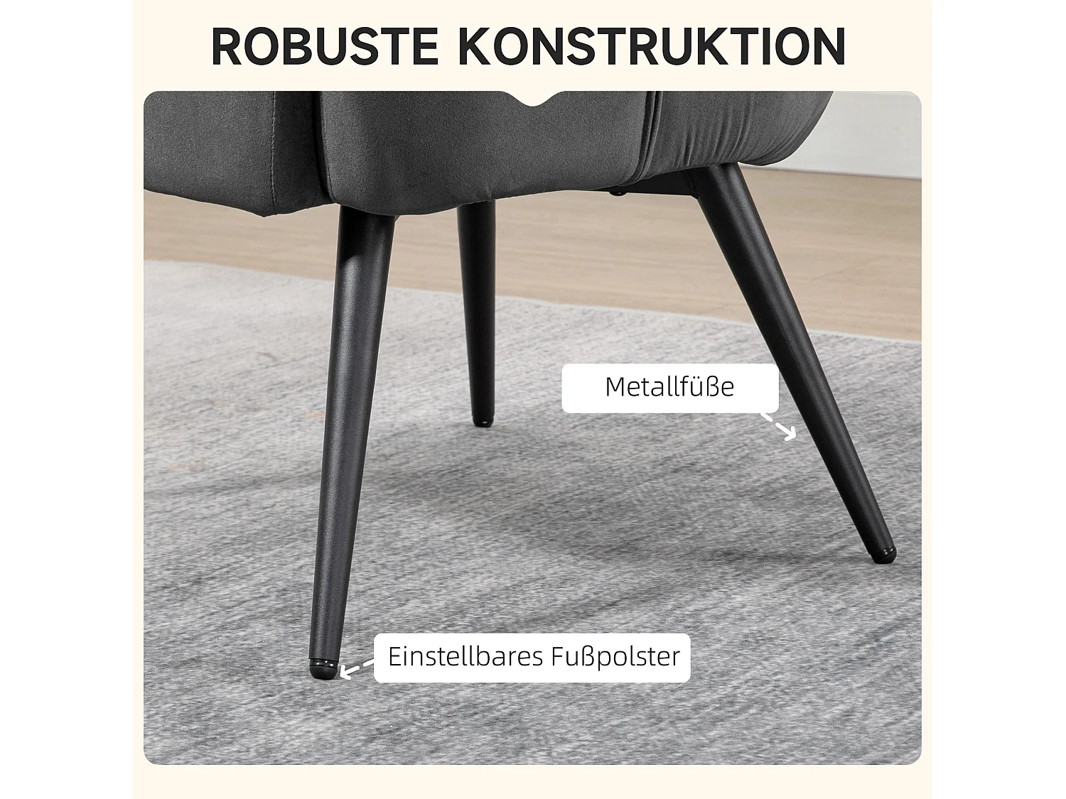 Fauteuil à oreilles avec repose-pieds, design moderne, tissu velours, gris (73x77.5x98 cm)