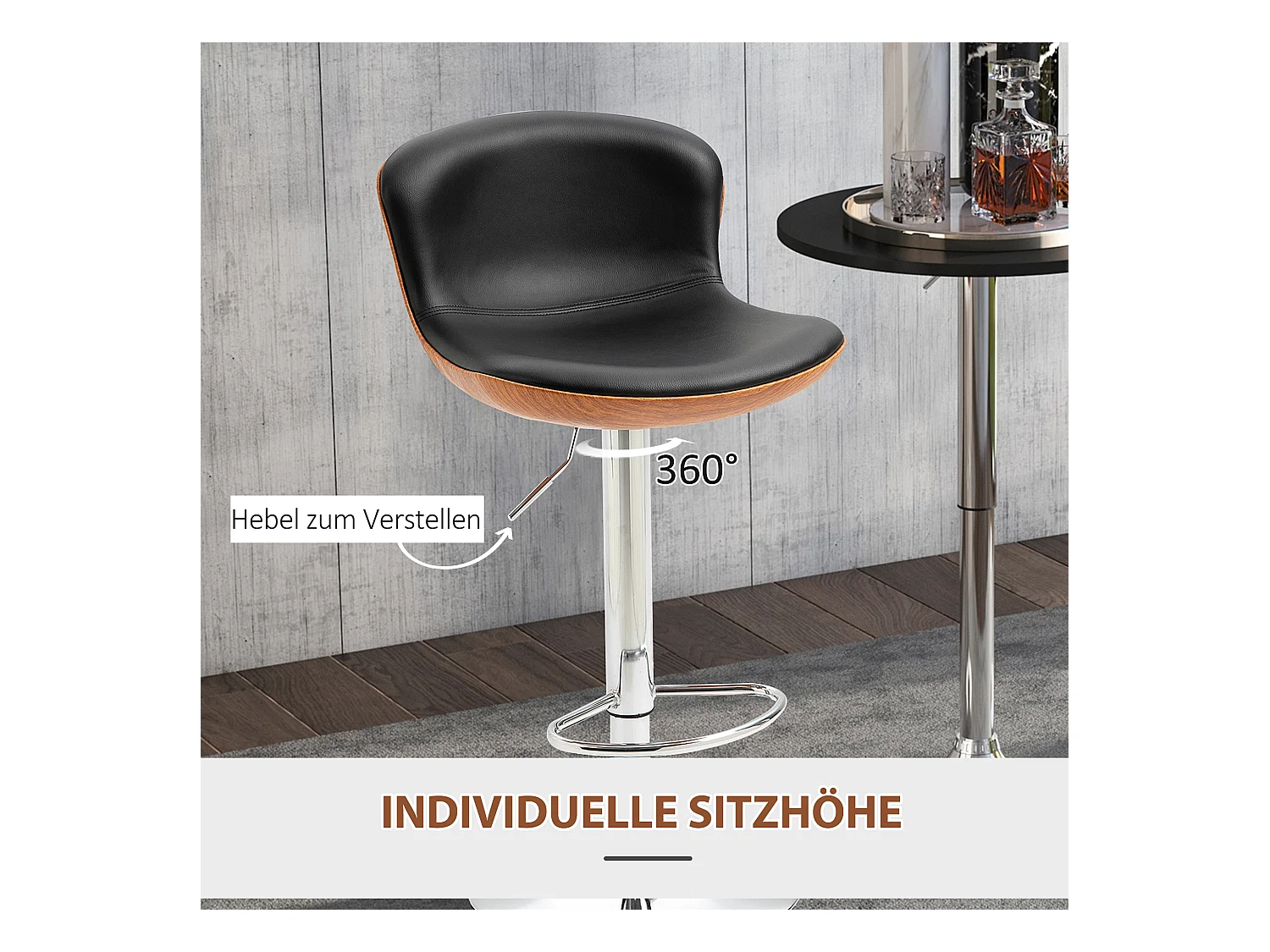 Tabourets de bar réglables pivotants 2 pièces, cuir synthétique noir, avec repose-pieds et dossier (46x53.5x85-106cm)