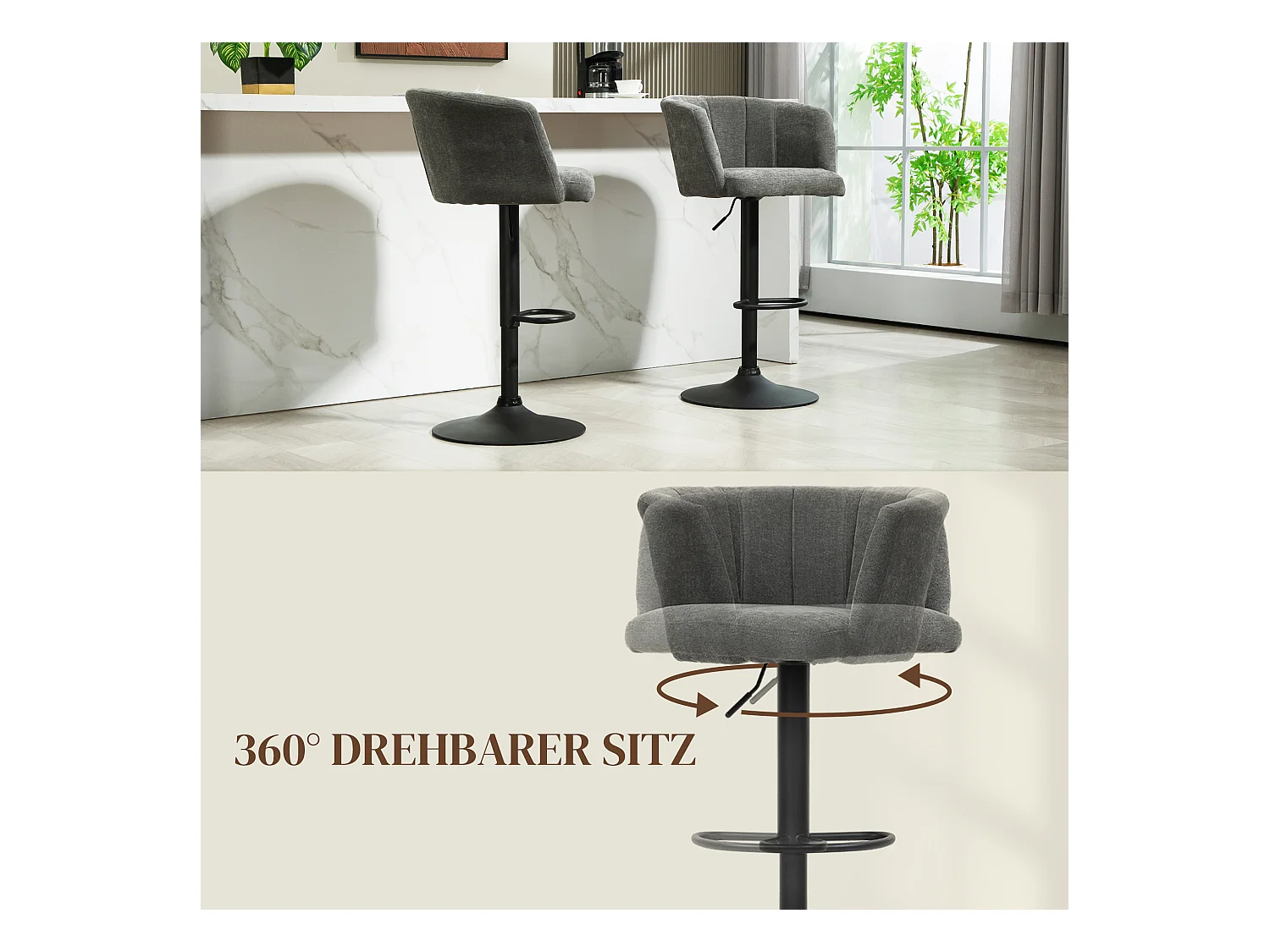 Tabourets de bar réglables, pivotants, structure métal, revêtement lin, gris foncé, lot de 2 (59x53x89-110cm)