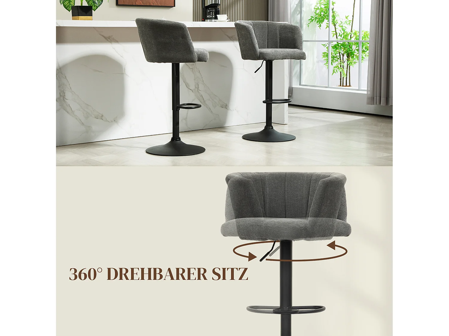 Sgabelli da bar regolabili e girevoli, struttura in metallo, rivestimento in lino, grigio scuro, set da 2 (59x53x89-110cm)