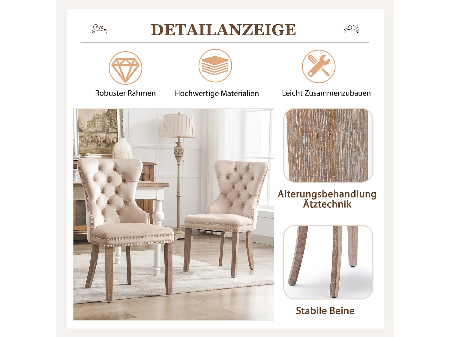 Chaise de salle à manger avec clou en argent et tirage circulaire au dos, en velours, pieds en bois massif, beige (53x46.5x95 cm)