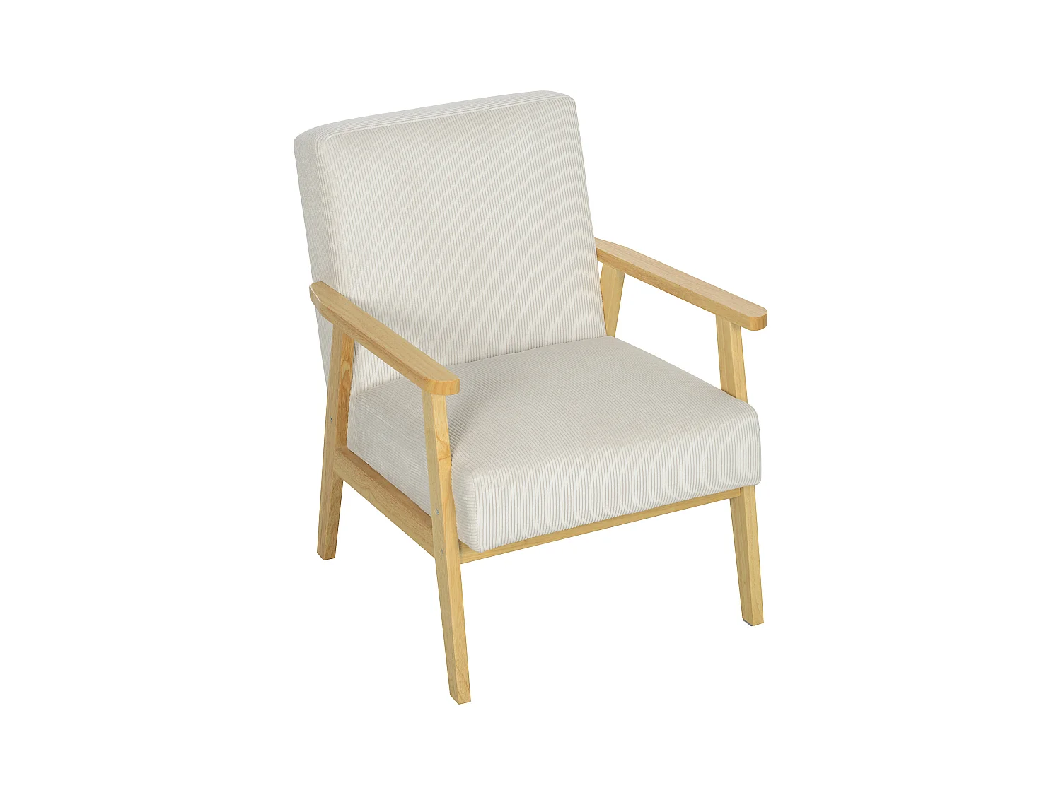 Fauteuil lounge avec accoudoirs, bois, tissu en velours, crème, (59x67x77 cm)
