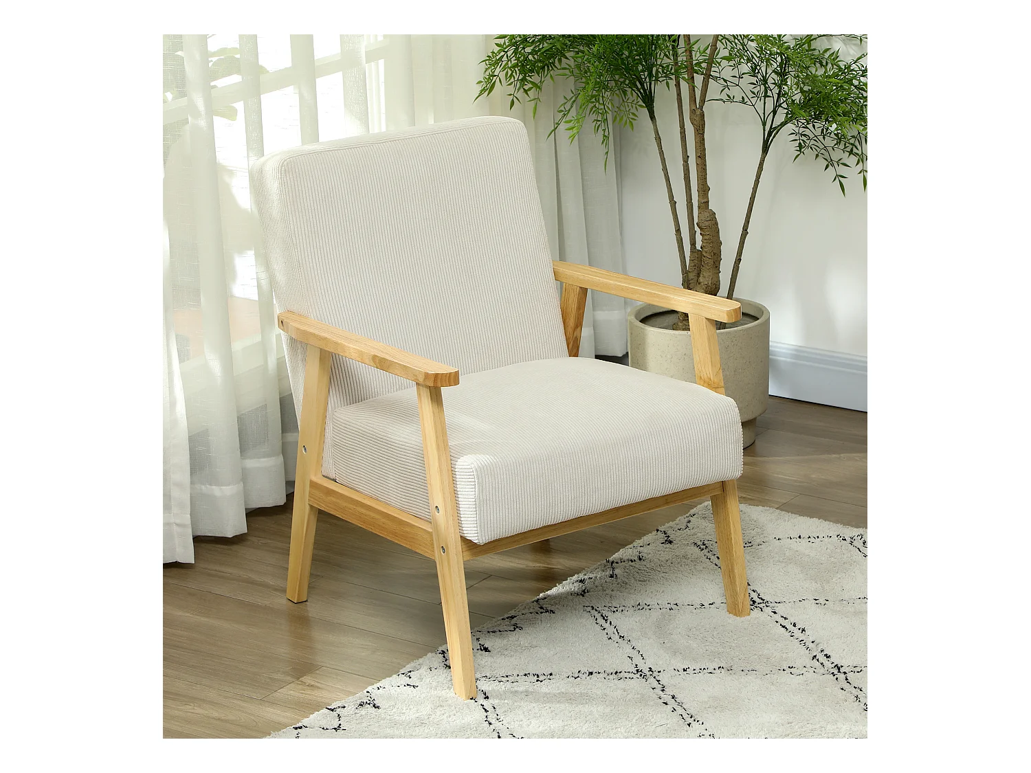 Fauteuil lounge avec accoudoirs, bois, tissu en velours, crème, (59x67x77 cm)