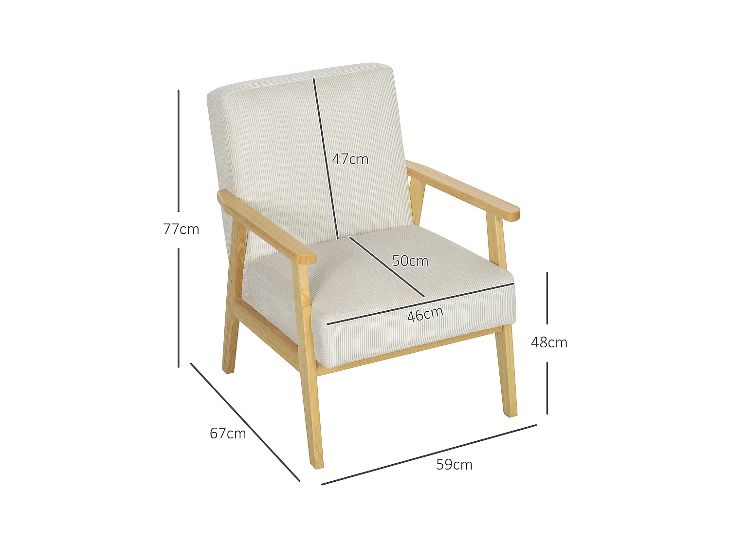 Fauteuil lounge avec accoudoirs, bois, tissu en velours, crème, (59x67x77 cm)