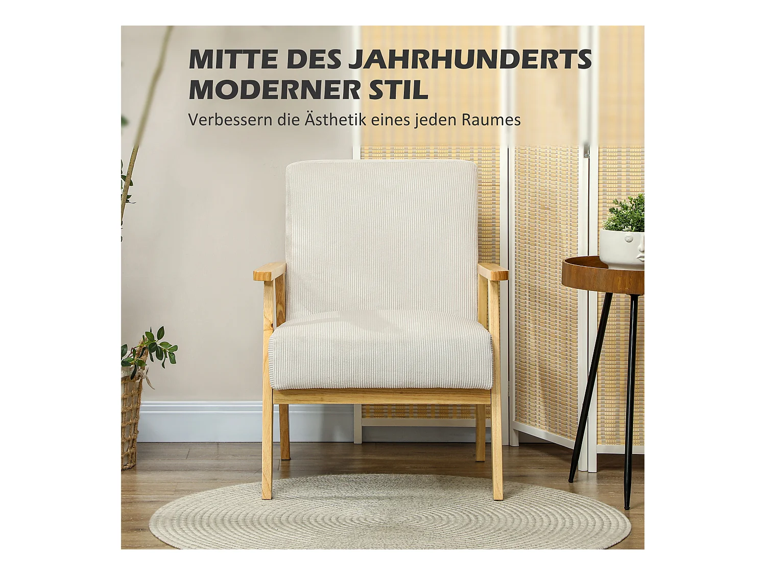 Fauteuil lounge avec accoudoirs, bois, tissu en velours, crème, (59x67x77 cm)