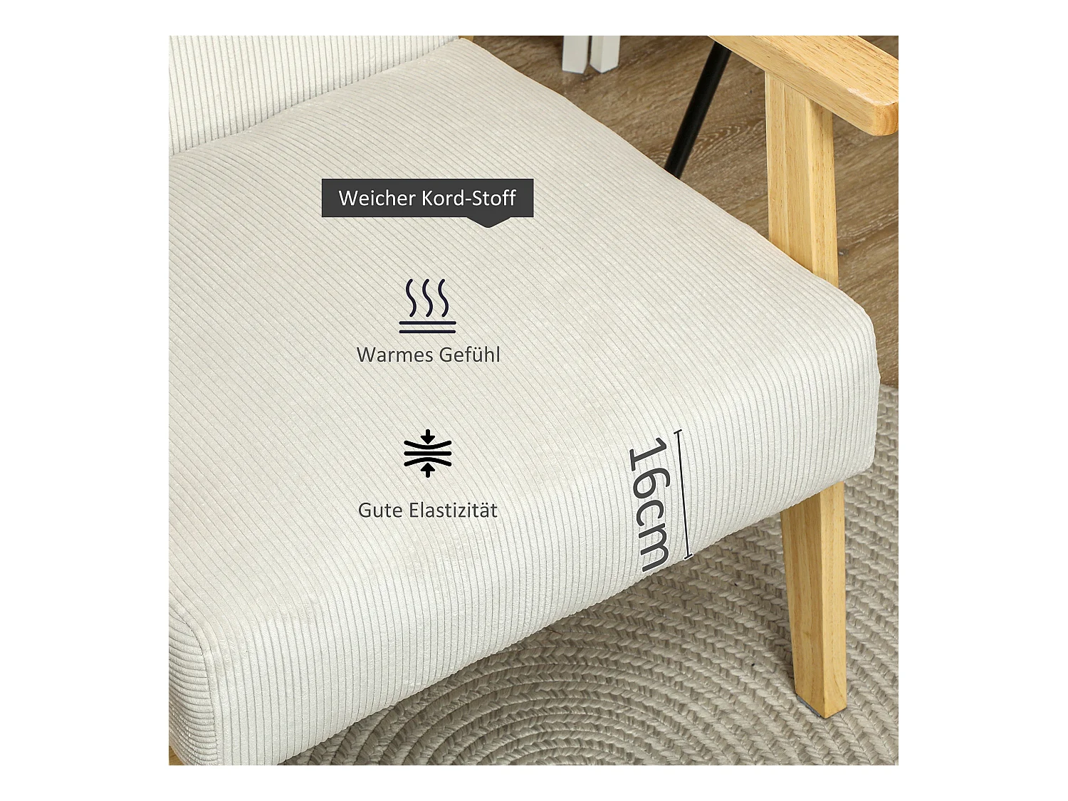 Fauteuil lounge avec accoudoirs, bois, tissu en velours, crème, (59x67x77 cm)