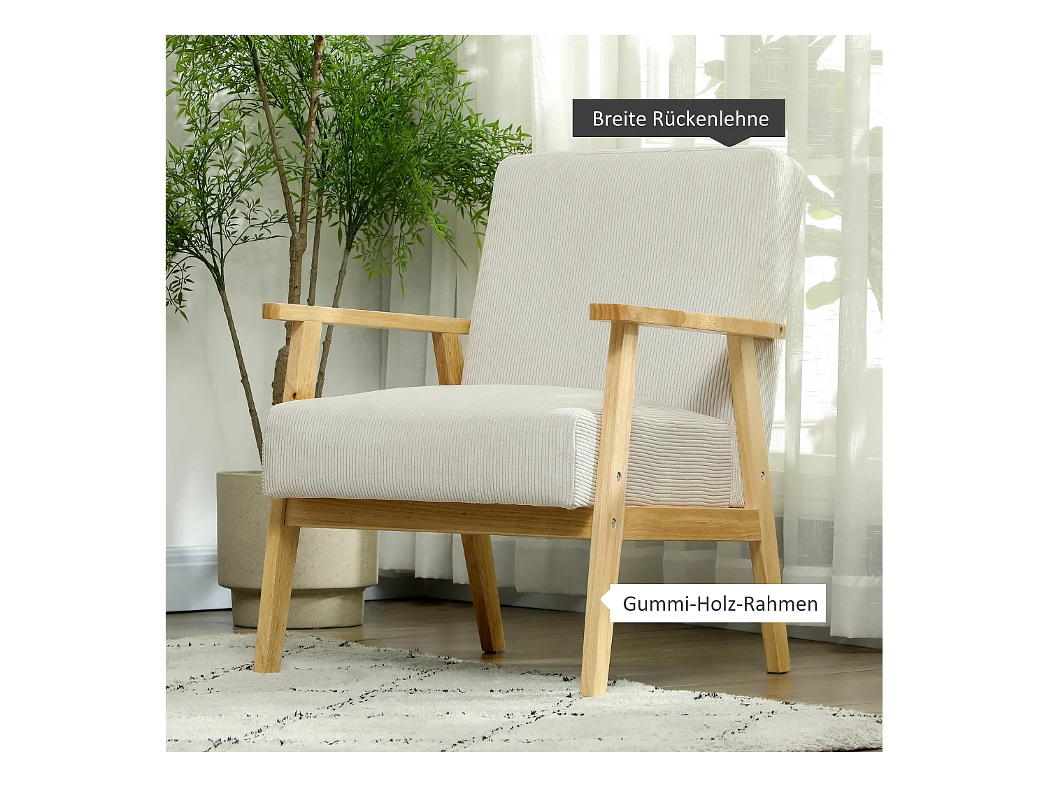 Fauteuil lounge avec accoudoirs, bois, tissu en velours, crème, (59x67x77 cm)