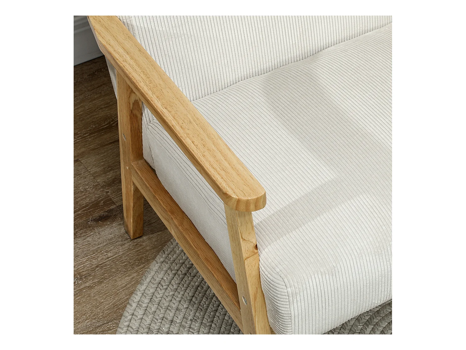 Fauteuil lounge avec accoudoirs, bois, tissu en velours, crème, (59x67x77 cm)