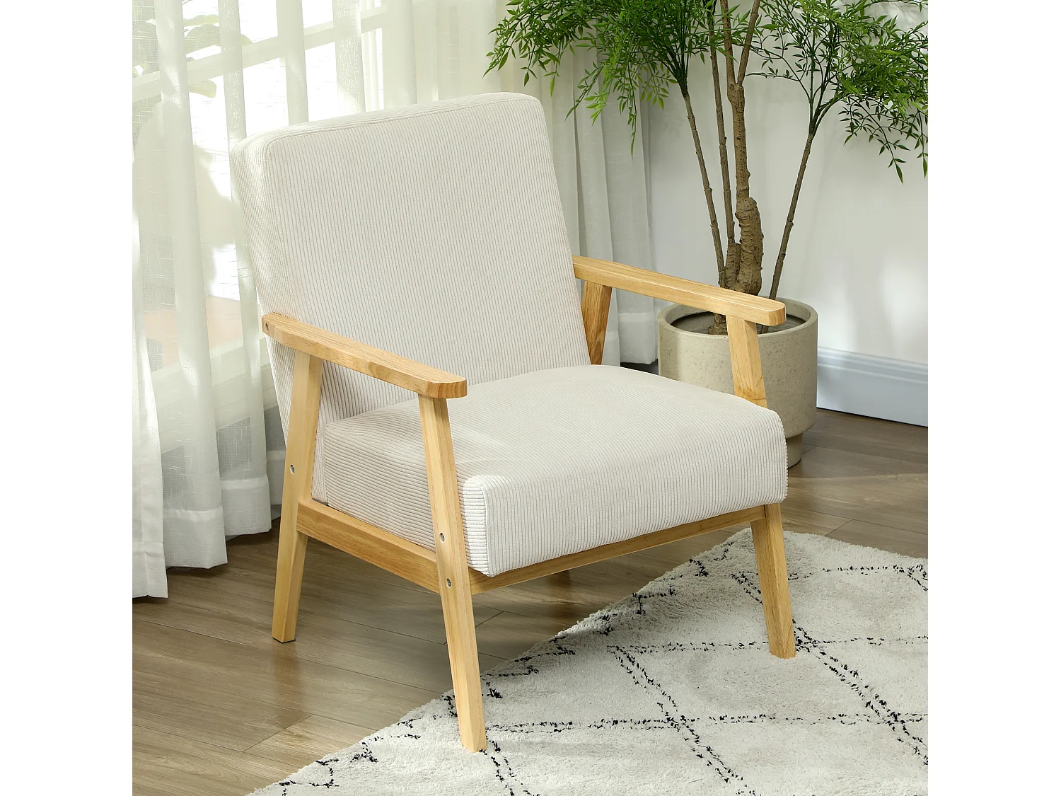 Fauteuil lounge avec accoudoirs, bois, tissu en velours, crème, (59x67x77 cm)