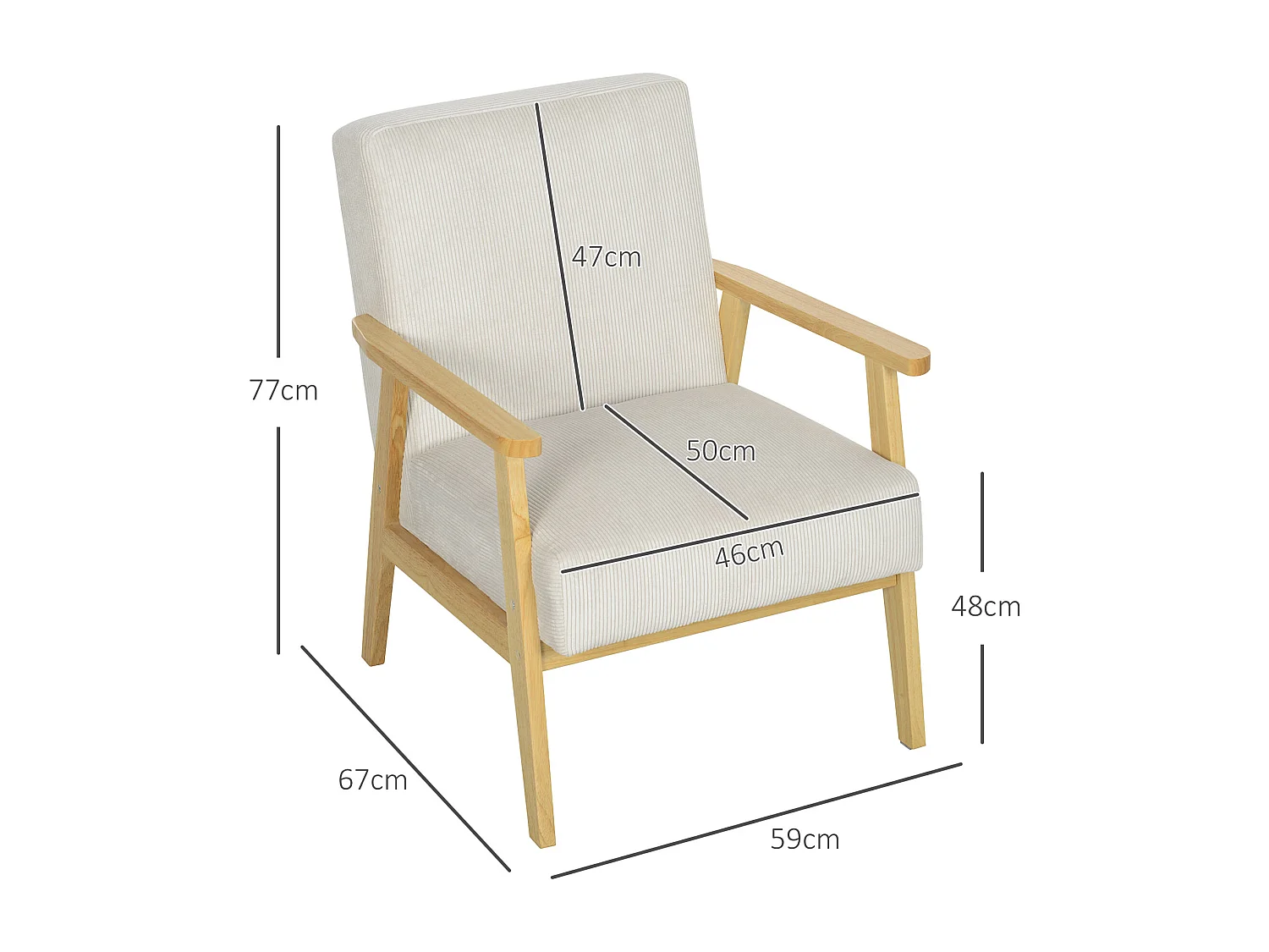 Fauteuil lounge avec accoudoirs, bois, tissu en velours, crème, (59x67x77 cm)
