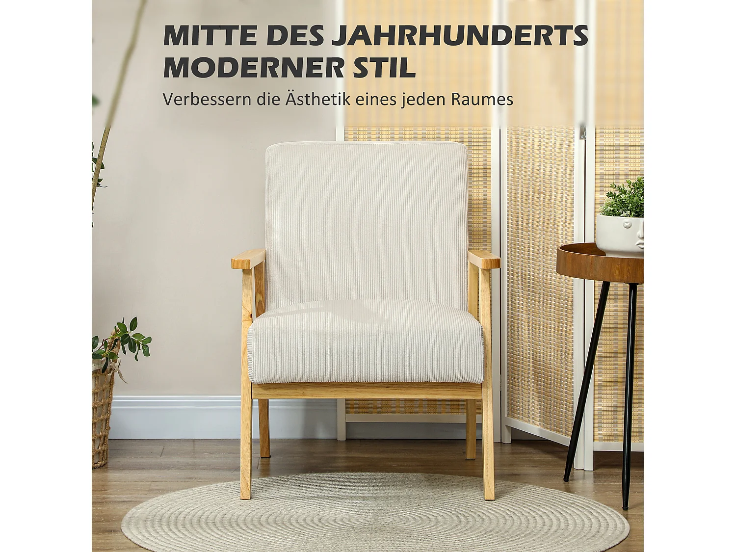 Fauteuil lounge avec accoudoirs, bois, tissu en velours, crème, (59x67x77 cm)