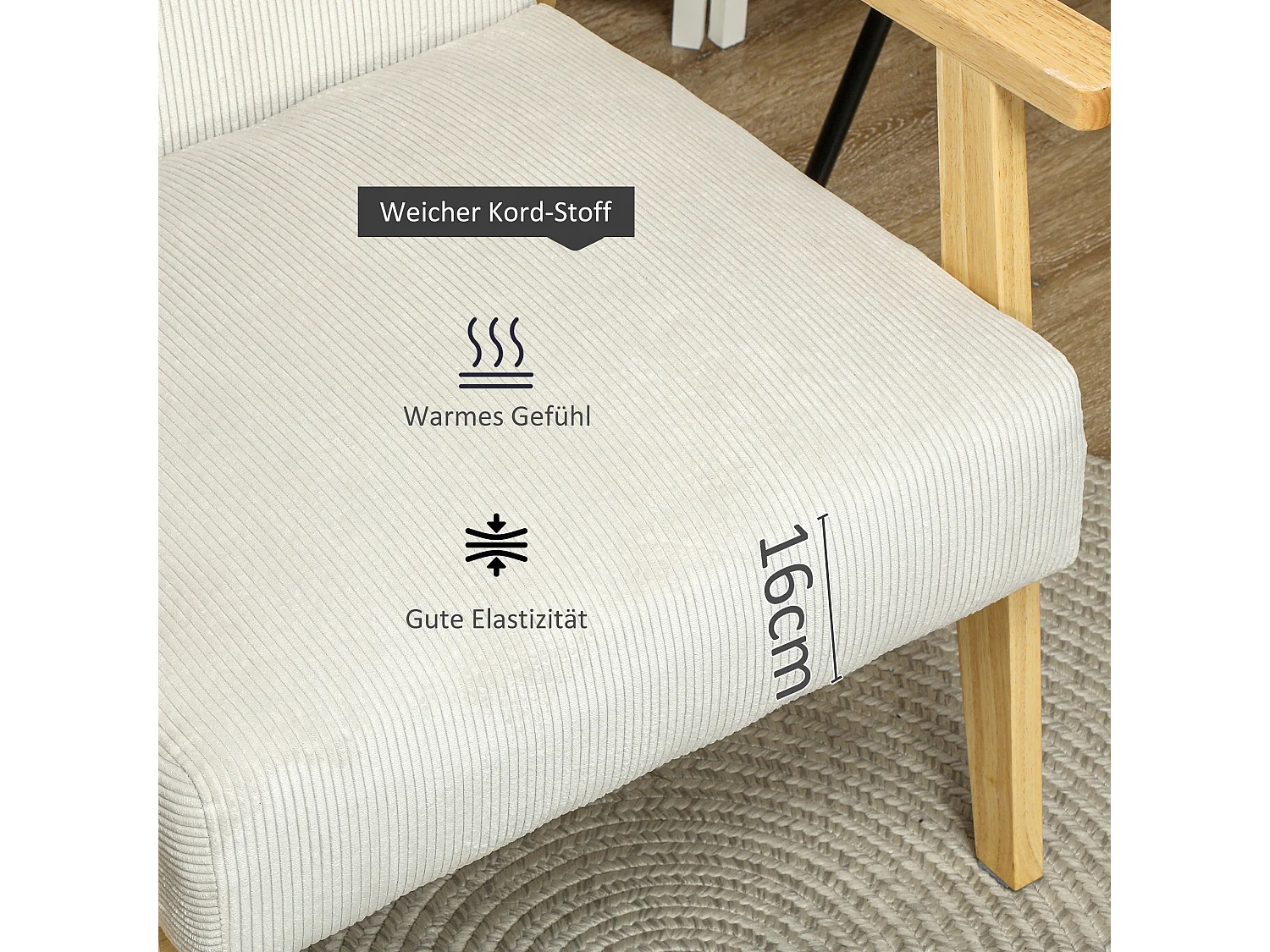 Fauteuil lounge avec accoudoirs, bois, tissu en velours, crème, (59x67x77 cm)