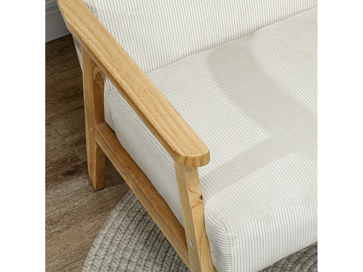 Fauteuil lounge avec accoudoirs, bois, tissu en velours, crème, (59x67x77 cm)